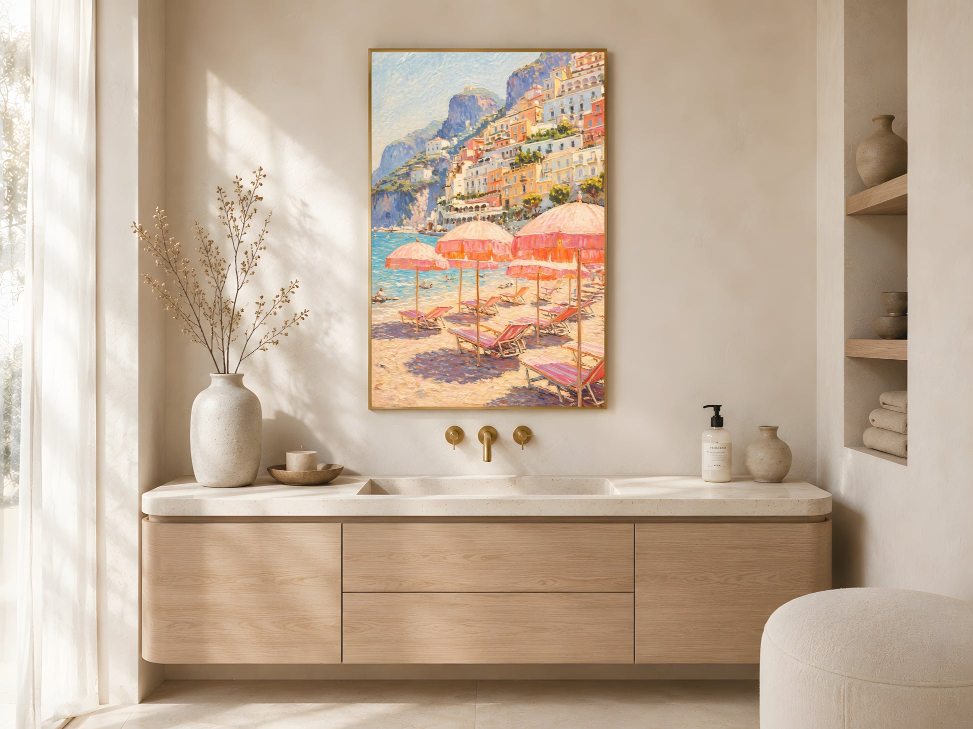 Positano beach club impasto print in gold frame above wooden sideboard in warm minimalist Japandi living room with dried botanicals
