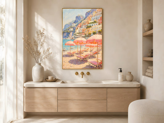 Positano beach club impasto print in gold frame above wooden sideboard in warm minimalist Japandi living room with dried botanicals
