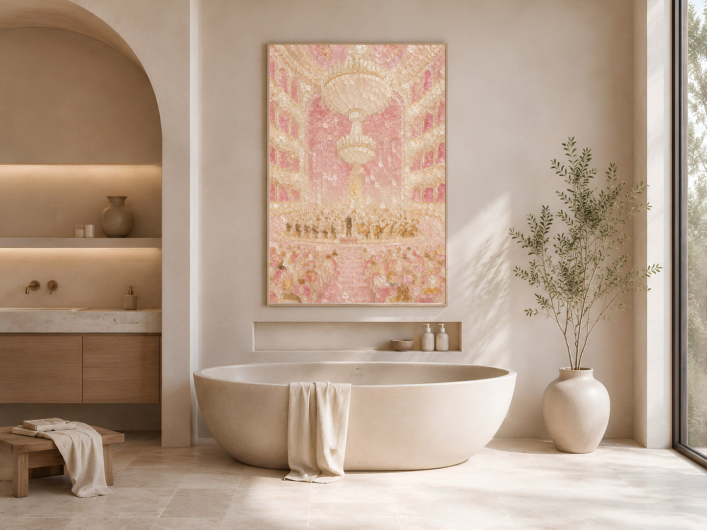 Blush pink opera house print framed in gold above soaking tub in soft coastal bathroom
