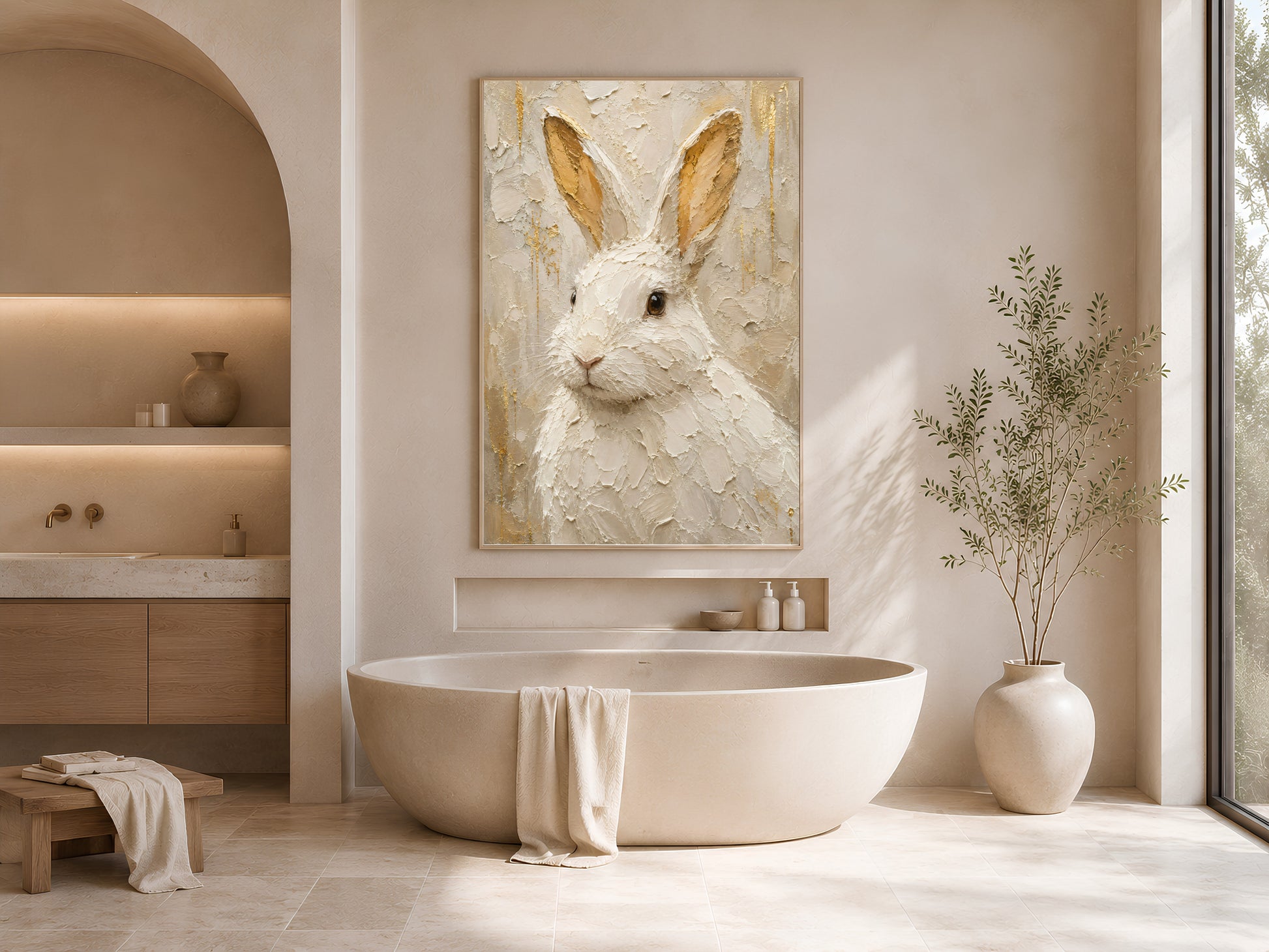 White rabbit gold leaf wall art in a wood frame displayed in a serene minimalist bathroom with a freestanding bathtub, arched alcove, and warm neutral tones
