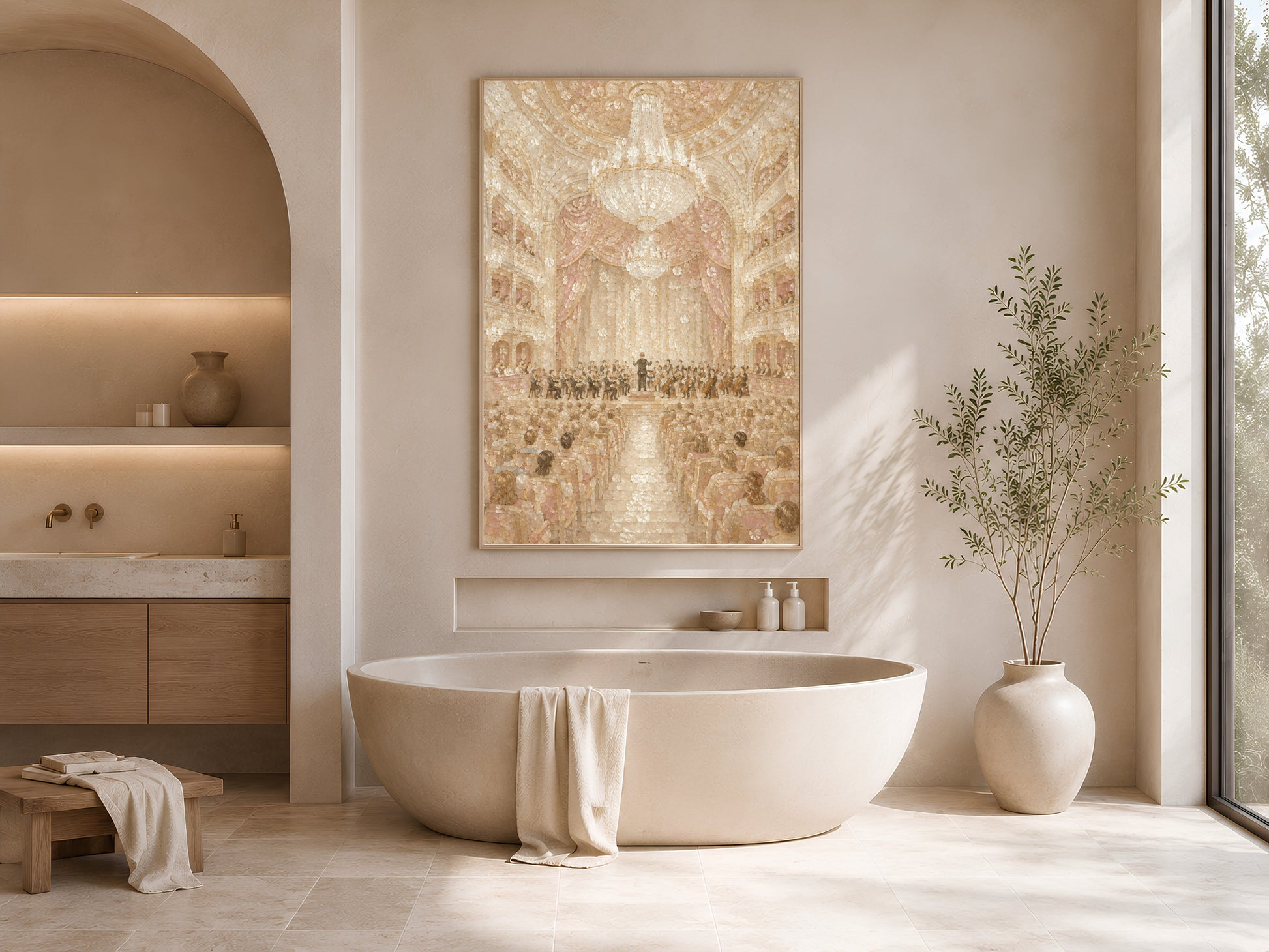 Concert hall print framed in gold displayed above soaking tub in soft arched bathroom
