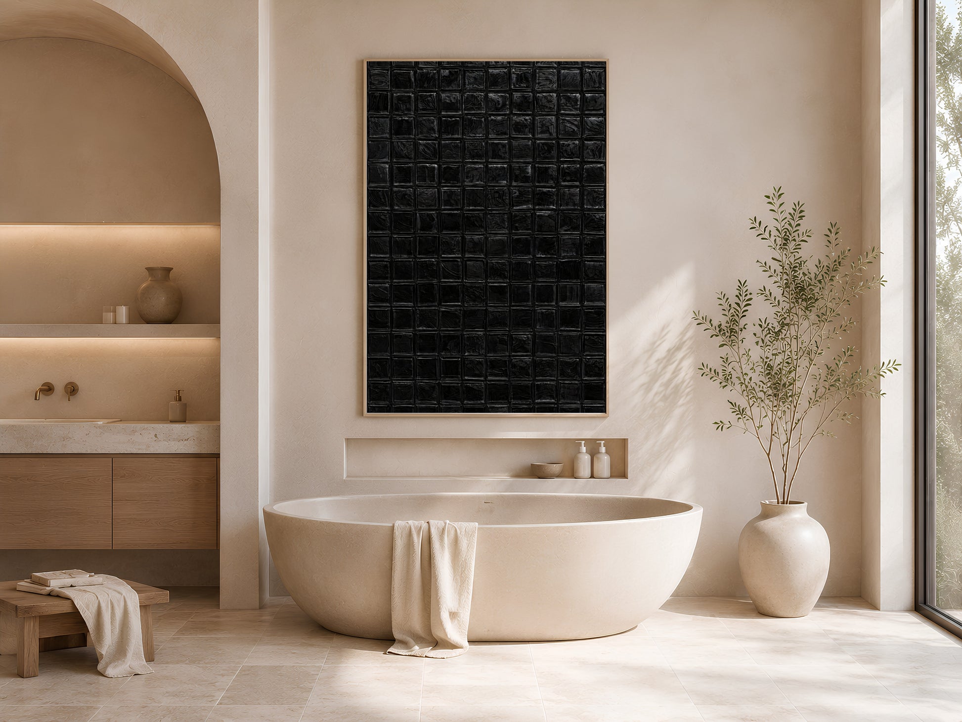Black mosaic tile wall art in a gold frame hanging in a bright minimal bathroom with arched alcove, freestanding oval bathtub, and ceramic vases
