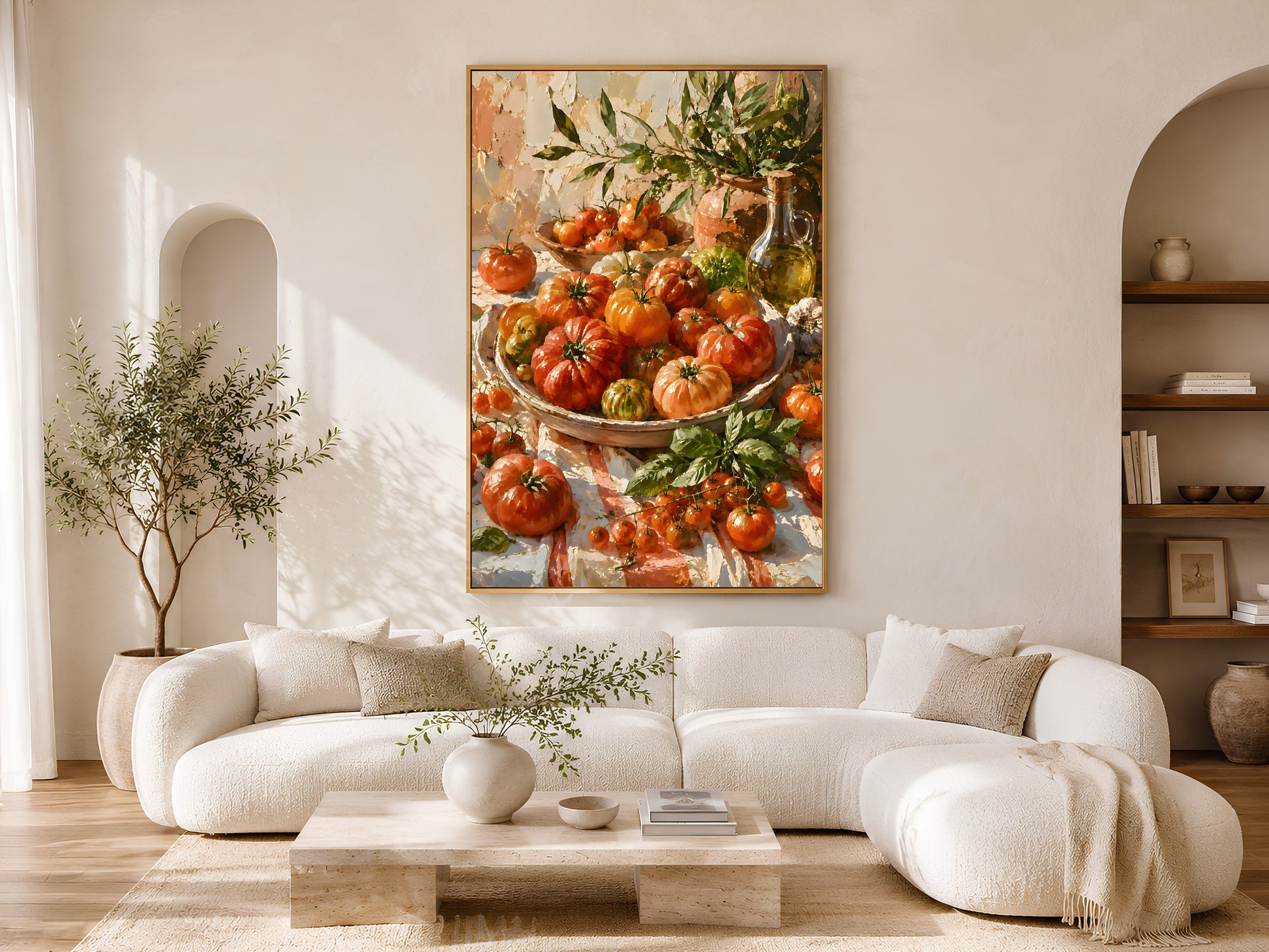 Heirloom tomato wall art in a gold frame styled in a bright minimalist living room with cream curved sofa, warm wood floors, and an olive tree