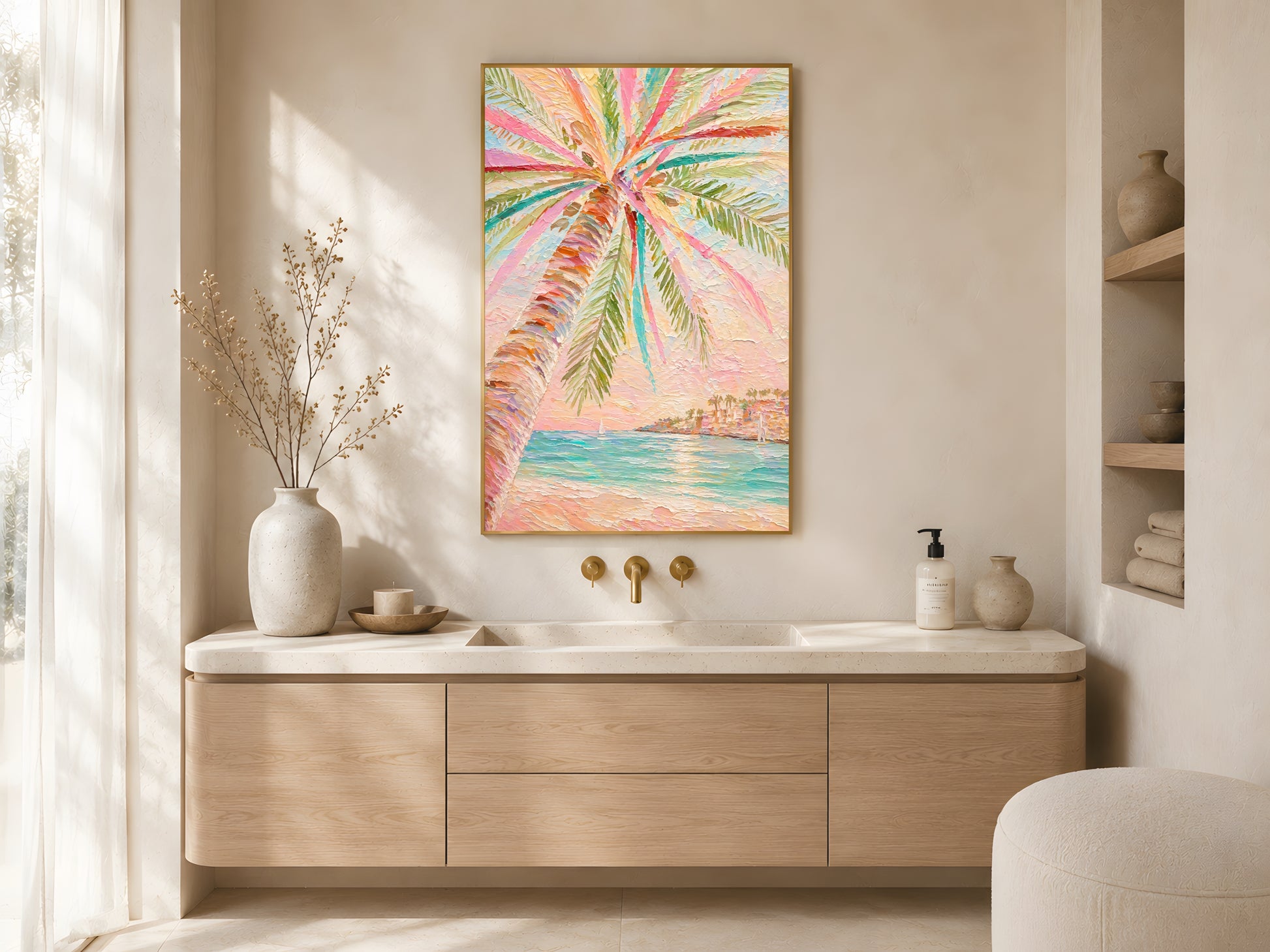 Pastel palm tree impasto wall art in gold frame above wooden credenza in warm Japandi dining room with neutral decor and soft natural light
