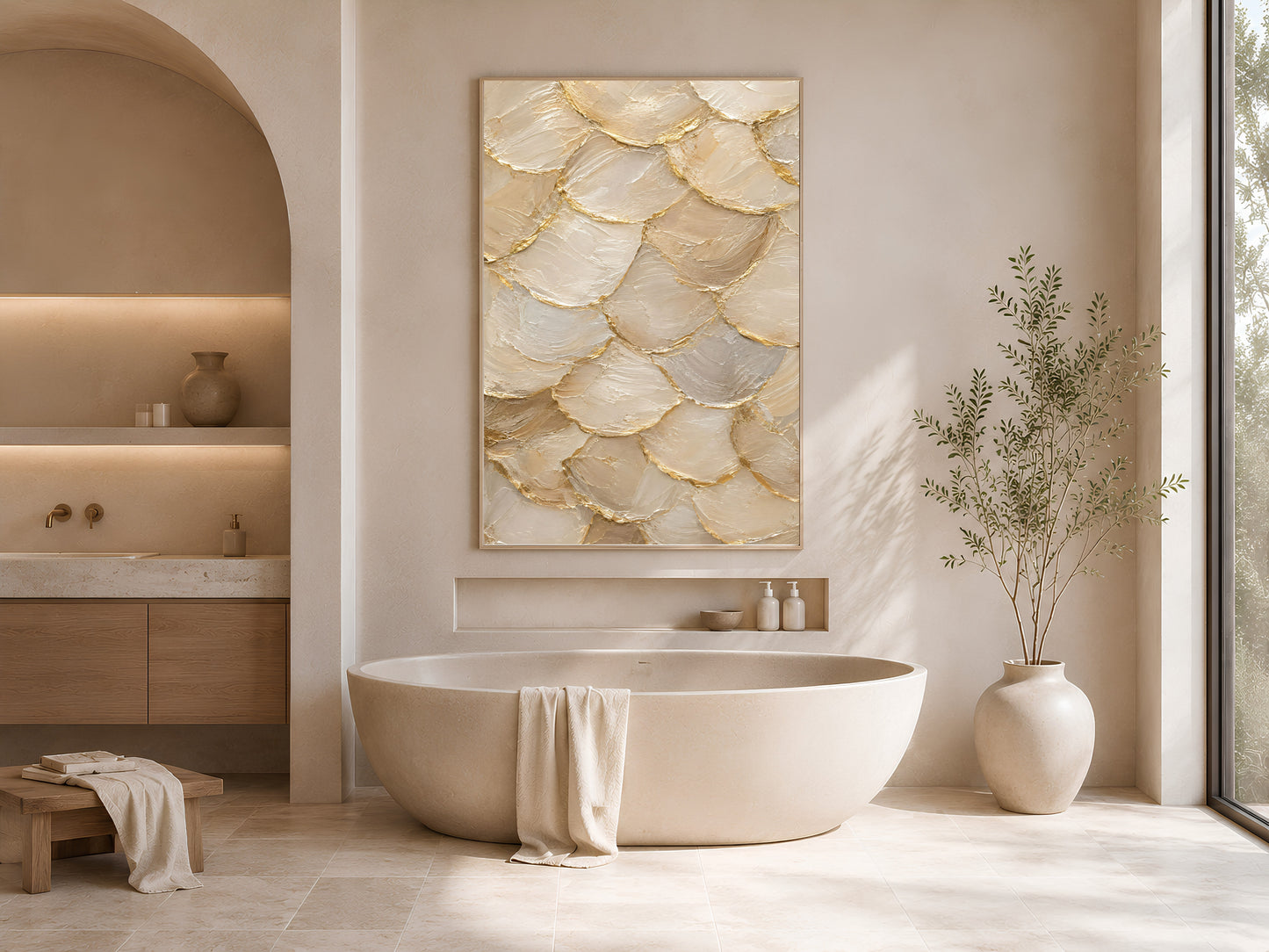 Ivory gold capiz shell print framed in gold above a soaking tub in coastal bathroom
