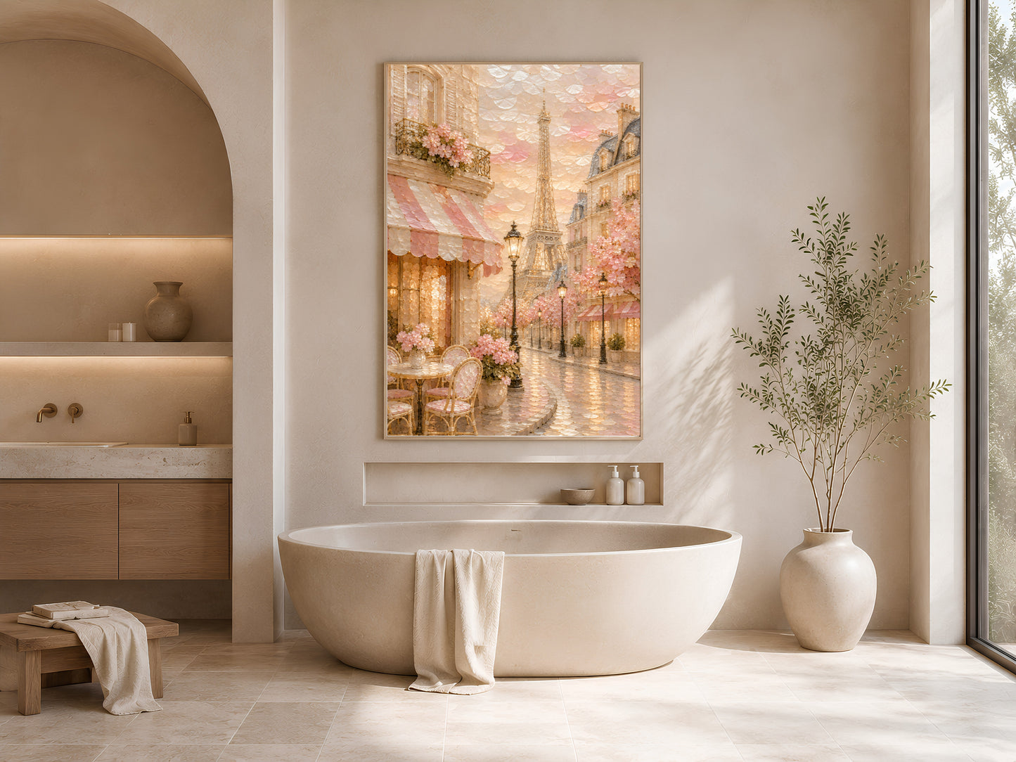 Blush Paris Eiffel Tower print framed in gold above soaking tub in soft coastal bathroom
