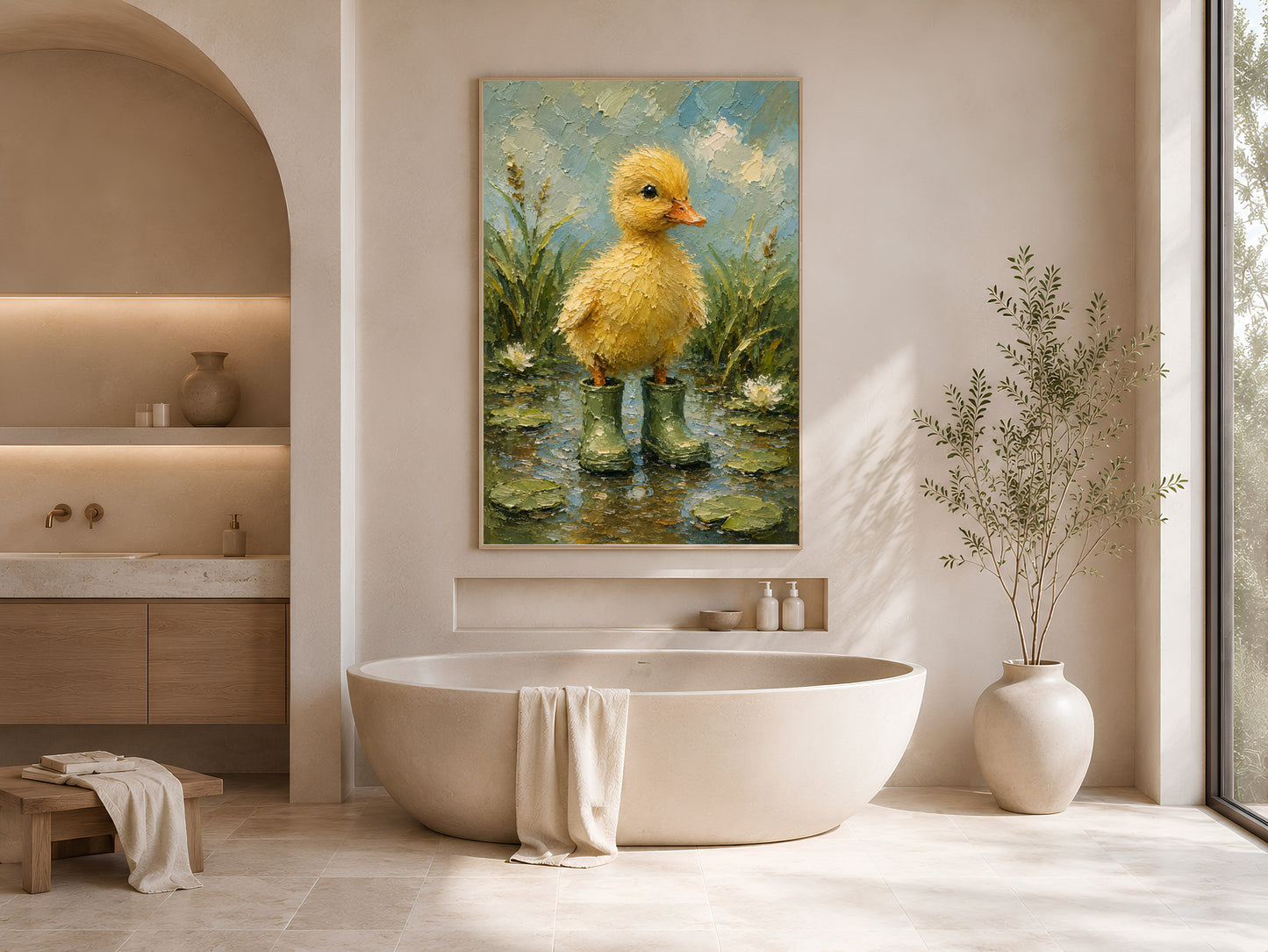 Duckling in rain boots impasto print in a wood frame displayed in a serene minimalist bathroom with a freestanding bathtub, arched alcove, and warm neutral tones
