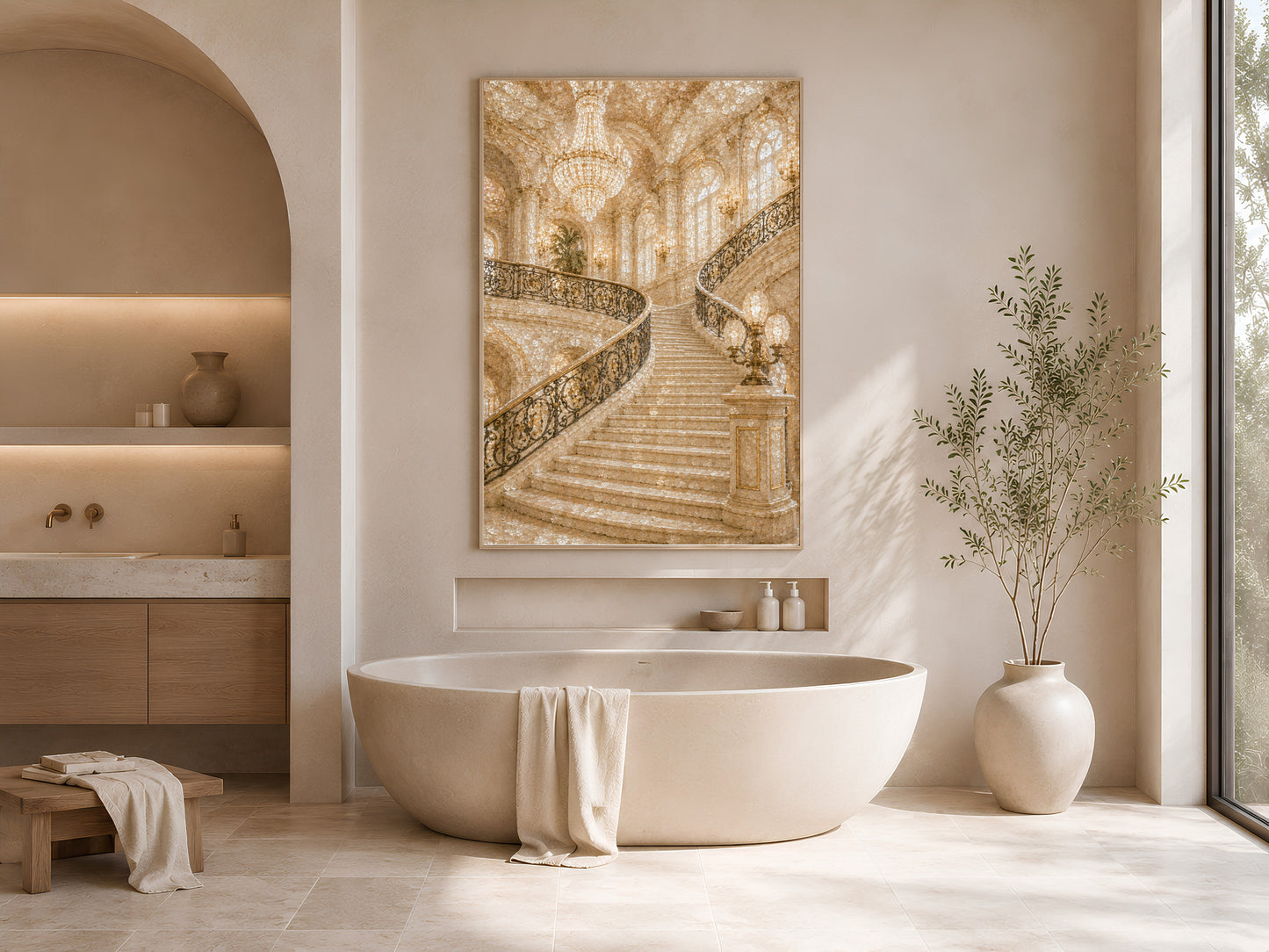 Grand staircase print framed in gold above soaking tub in soft arched bathroom
