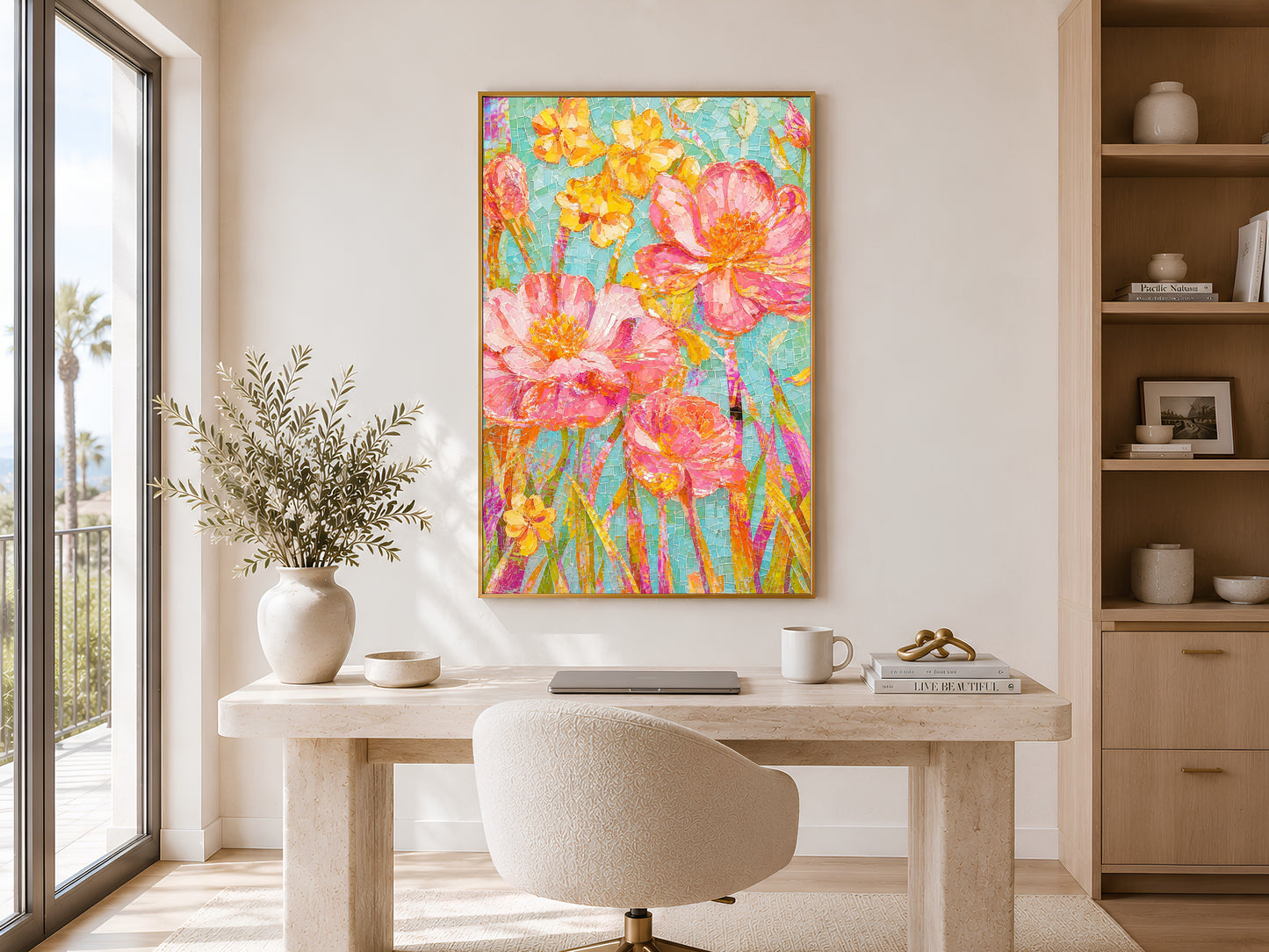 Colorful mosaic flower art print in a wood frame displayed in a bright minimalist home office or dining room with warm natural light and neutral furniture
