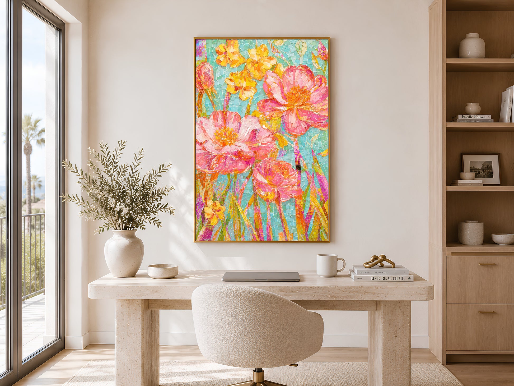 Colorful mosaic flower art print in a wood frame displayed in a bright minimalist home office or dining room with warm natural light and neutral furniture
