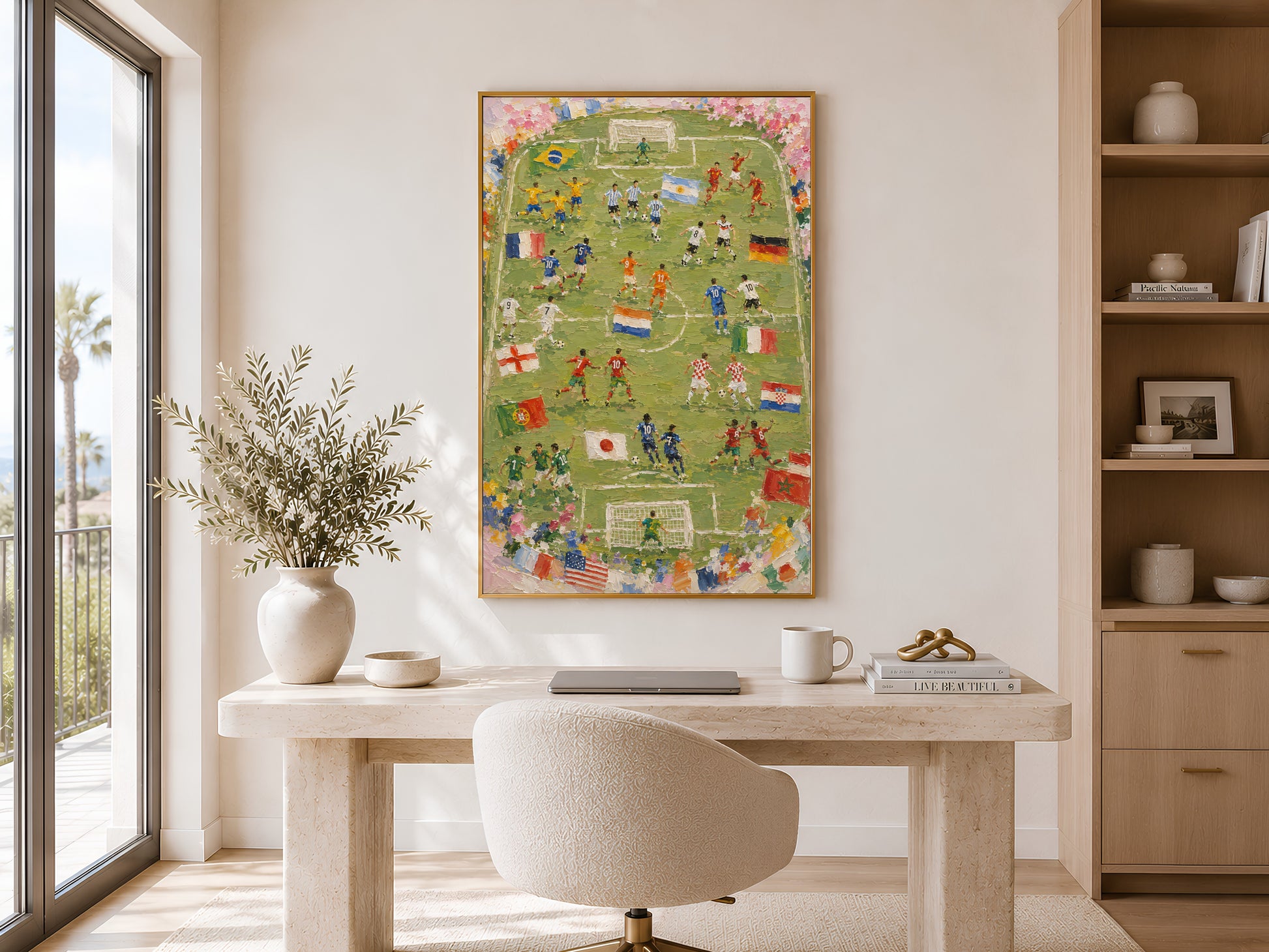 World Cup 2026 football pitch impasto print in a wood frame displayed in a bright minimalist home office with warm neutral tones, round dining table, and floor-to-ceiling windows
