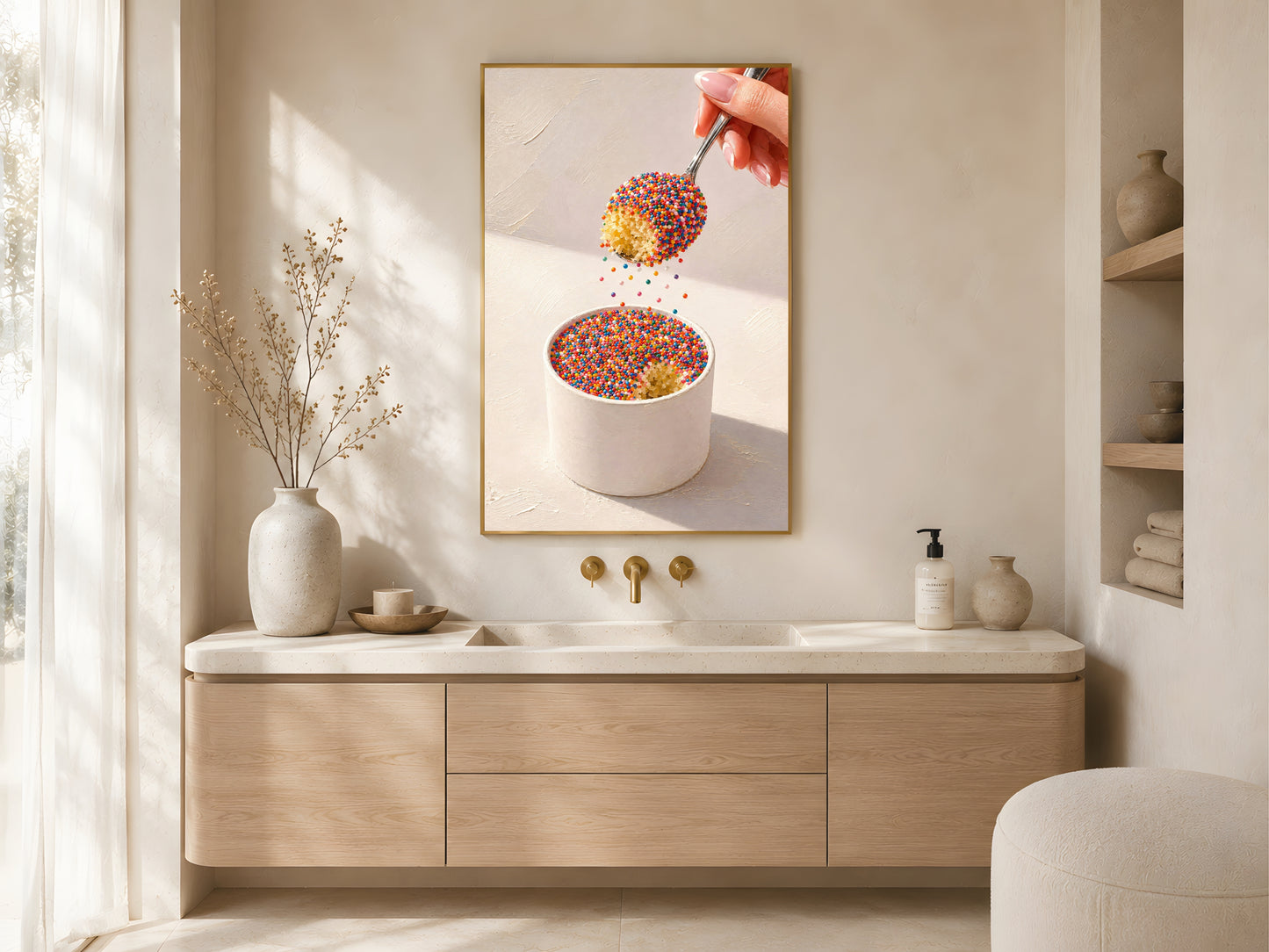 Viral dot cake close-up wall art print in a gold frame above a wooden sideboard in a warm minimal bathroom with ceramic vessels and natural light

