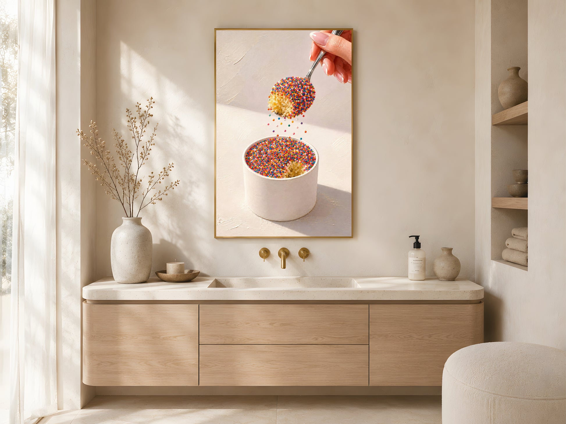 Viral dot cake close-up wall art print in a gold frame above a wooden sideboard in a warm minimal bathroom with ceramic vessels and natural light
