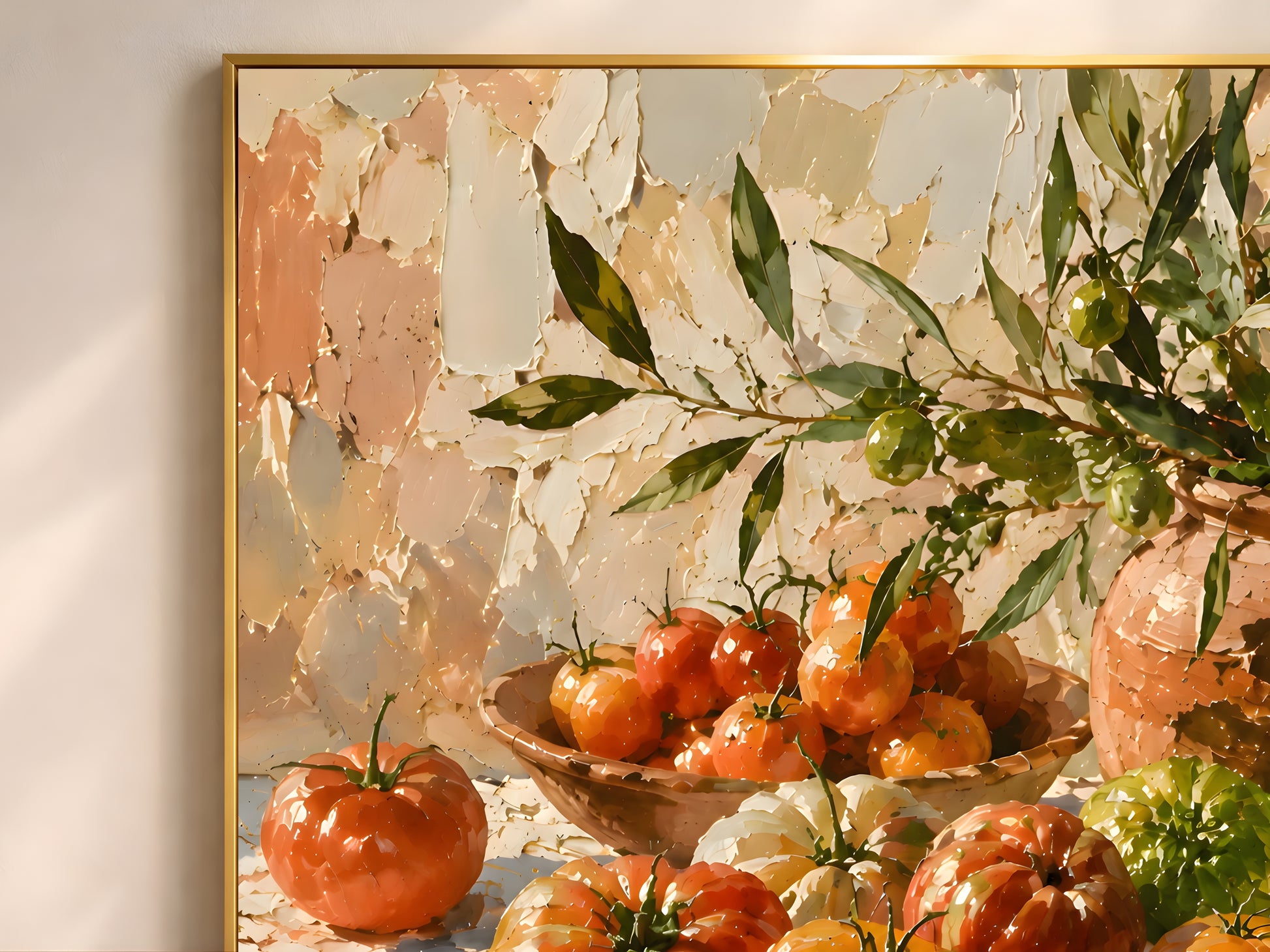 Close-up detail of heirloom tomato wall art print in a gold frame showing thick impasto brushwork in deep crimson, burnt orange, and olive green tones
