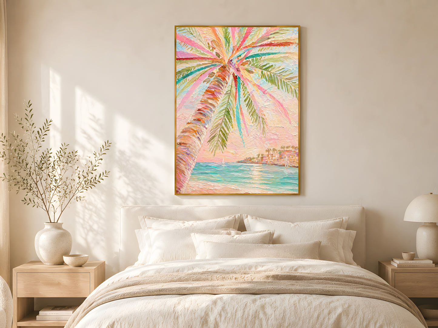 Tropical pastel palm tree impasto print in gold frame above linen bed with cream bedding in warm minimalist coastal bedroom with natural wood furniture
