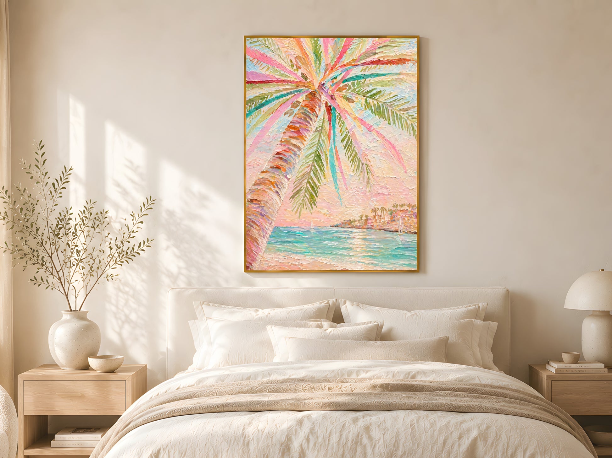 Tropical pastel palm tree impasto print in gold frame above linen bed with cream bedding in warm minimalist coastal bedroom with natural wood furniture

