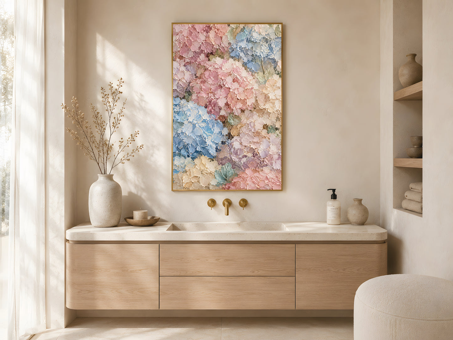 Pastel hydrangea impasto print in a gold frame above a white sideboard in a minimal Scandinavian bathroom with warm natural light
