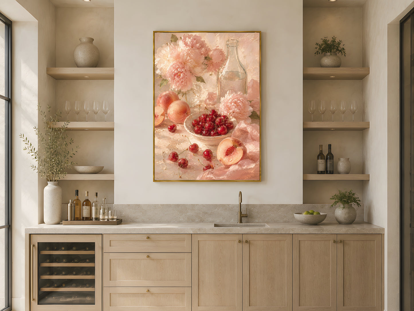 Pink cherry and peony still life wall art in luxury kitchen mockup, feminine coastal printable art, romantic Italy-inspired decor