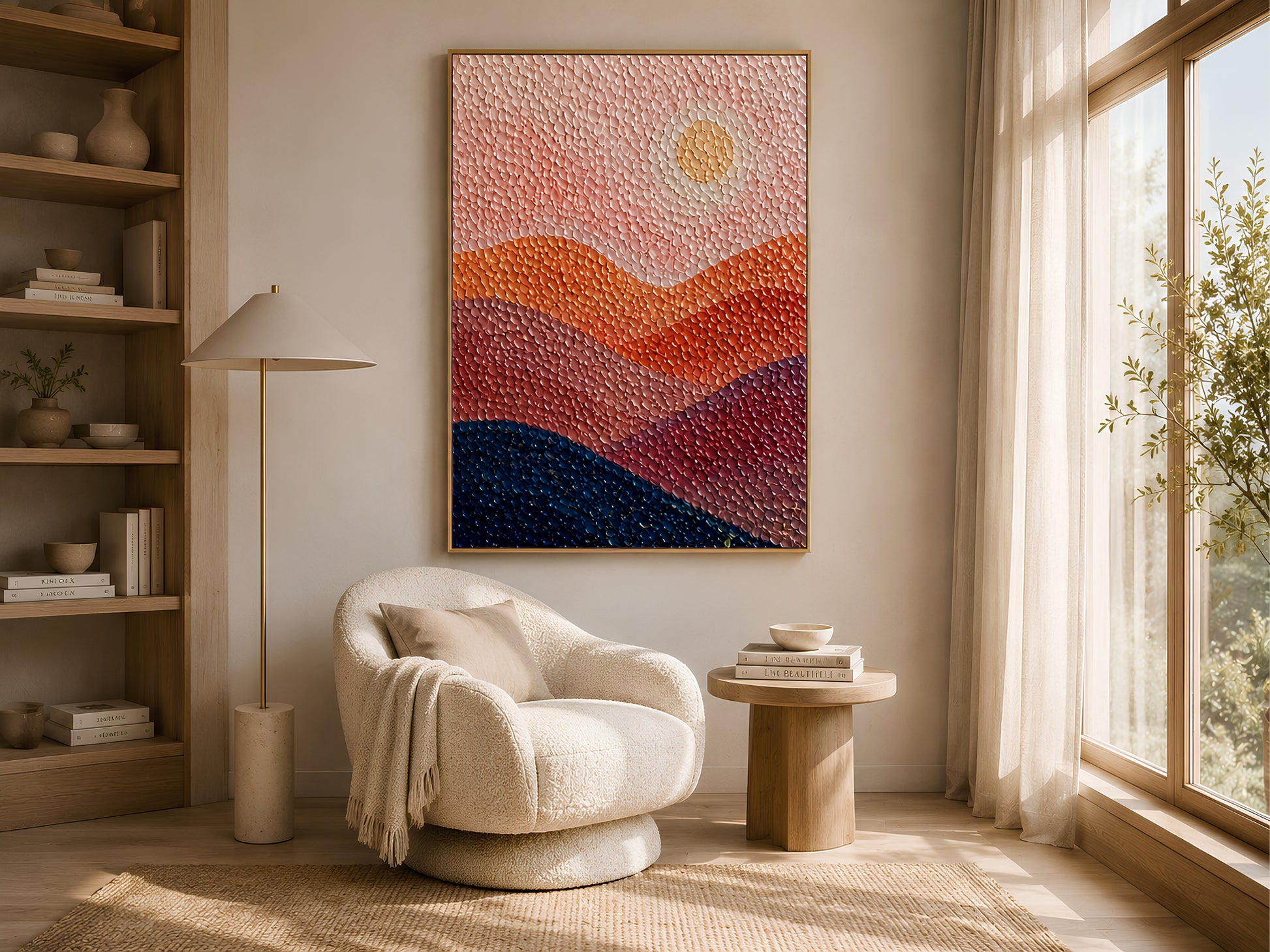 Abstract sunset print in a gold frame in a sunlit living room with bouclé armchair, wooden floor lamp, and large window
