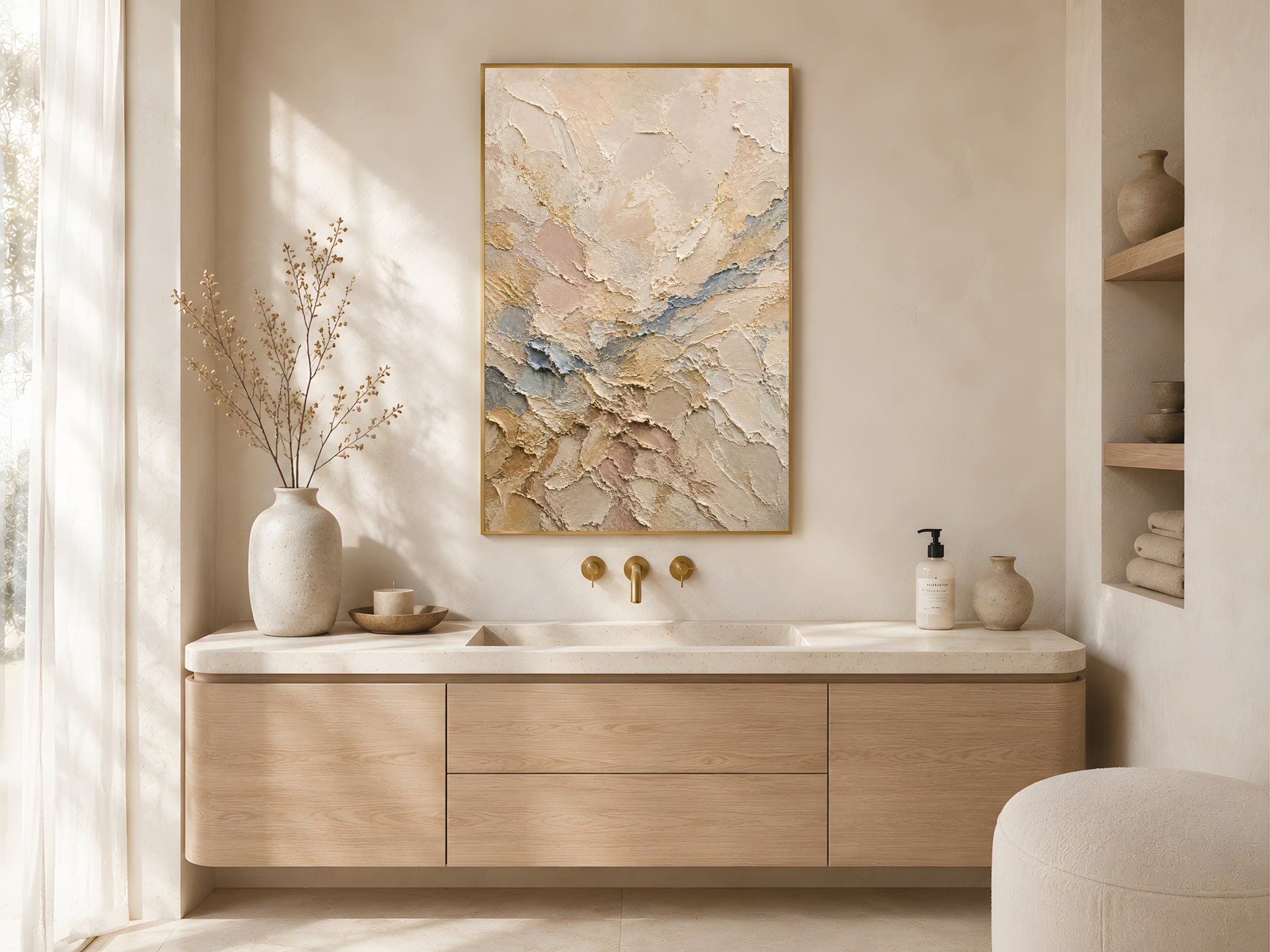 Neutral abstract impasto print in a gold frame above a wooden bathroom vanity in a warm minimal bathroom with ceramic vessels and natural light

