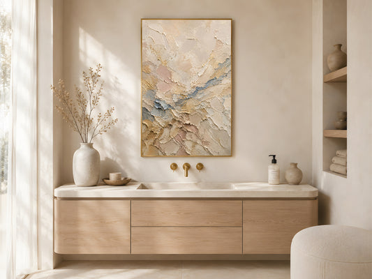 Neutral abstract impasto print in a gold frame above a wooden bathroom vanity in a warm minimal bathroom with ceramic vessels and natural light

