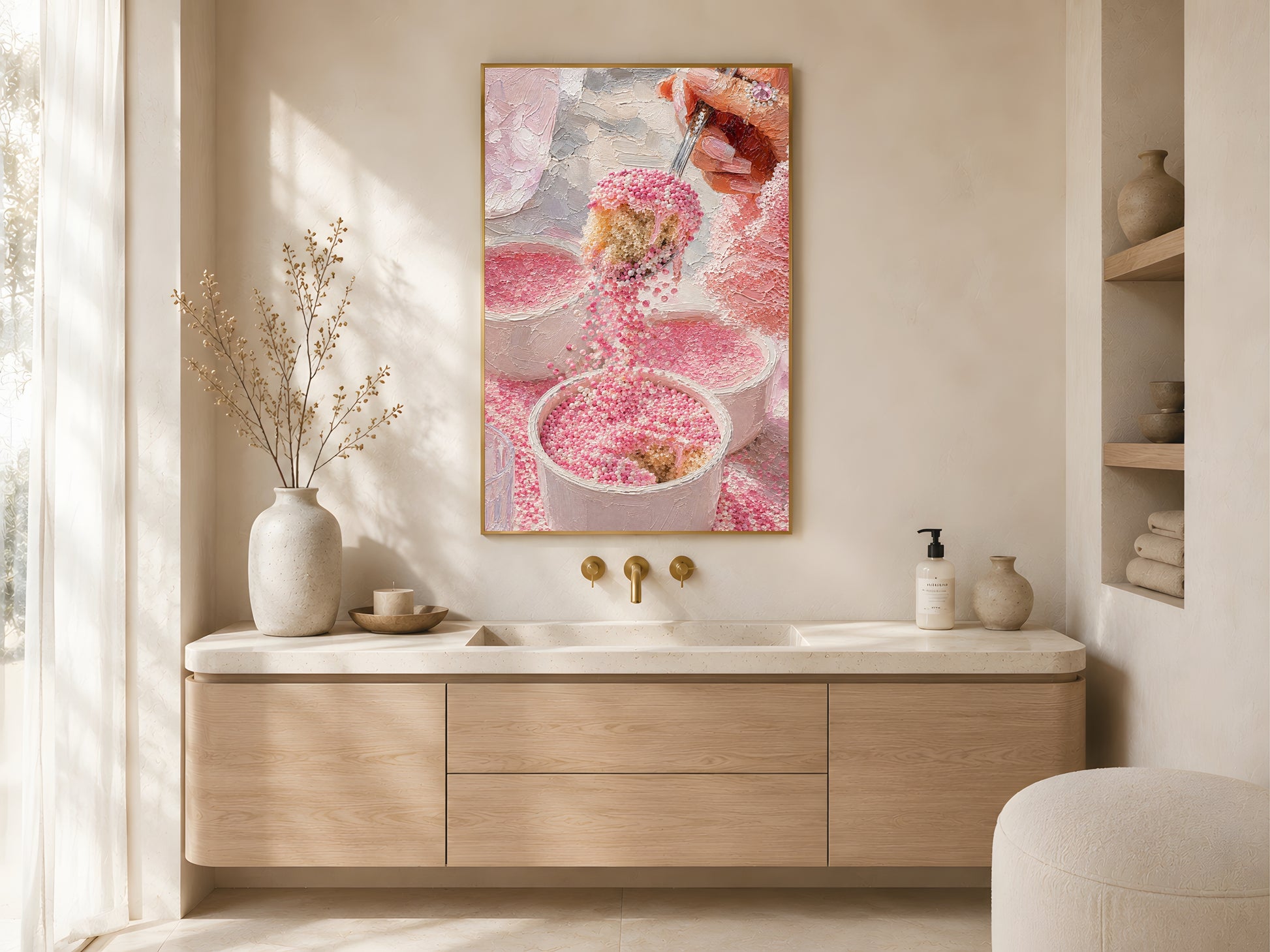 Pink dot cake impasto oil painting print in a gold frame above a wooden bathroom vanity in a warm minimal bathroom with ceramic vessels and natural light
