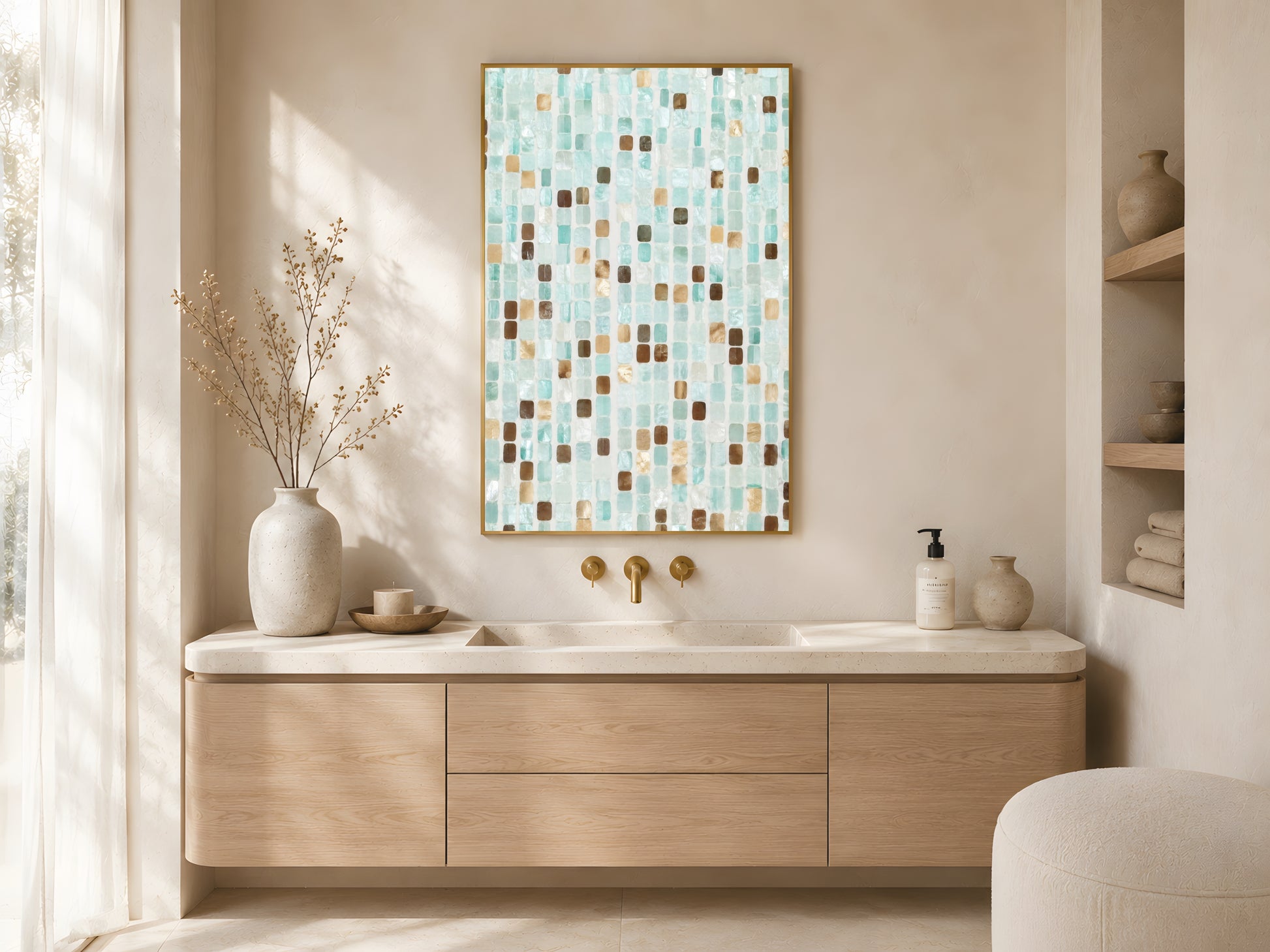 Teal mosaic tile abstract print in gold frame above wooden sideboard in warm minimalist living room with large cream vase and dried botanicals
