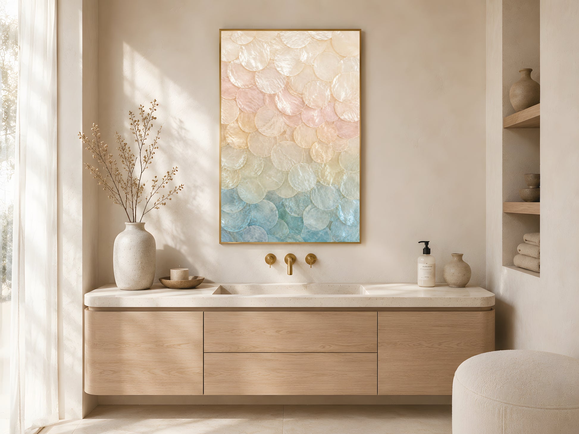 Pastel ombré capiz shell print in gold frame above wooden bathroom vanity with gold fixtures in warm minimalist Japandi bathroom
