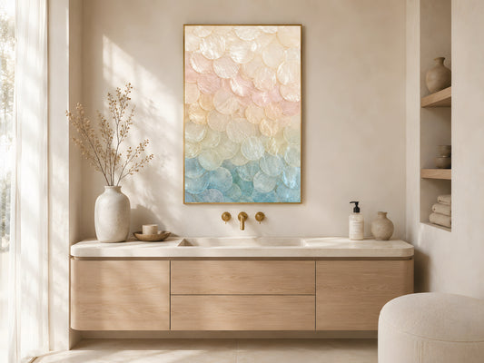 Pastel ombré capiz shell print in gold frame above wooden bathroom vanity with gold fixtures in warm minimalist Japandi bathroom
