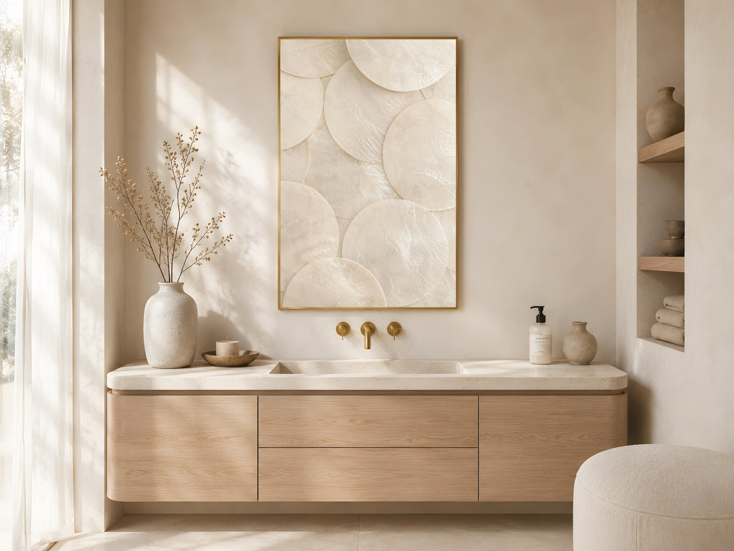 Minimalist capiz shell print in gold frame above wooden sideboard in warm Japandi kitchen with light wood cabinetry and neutral decor

