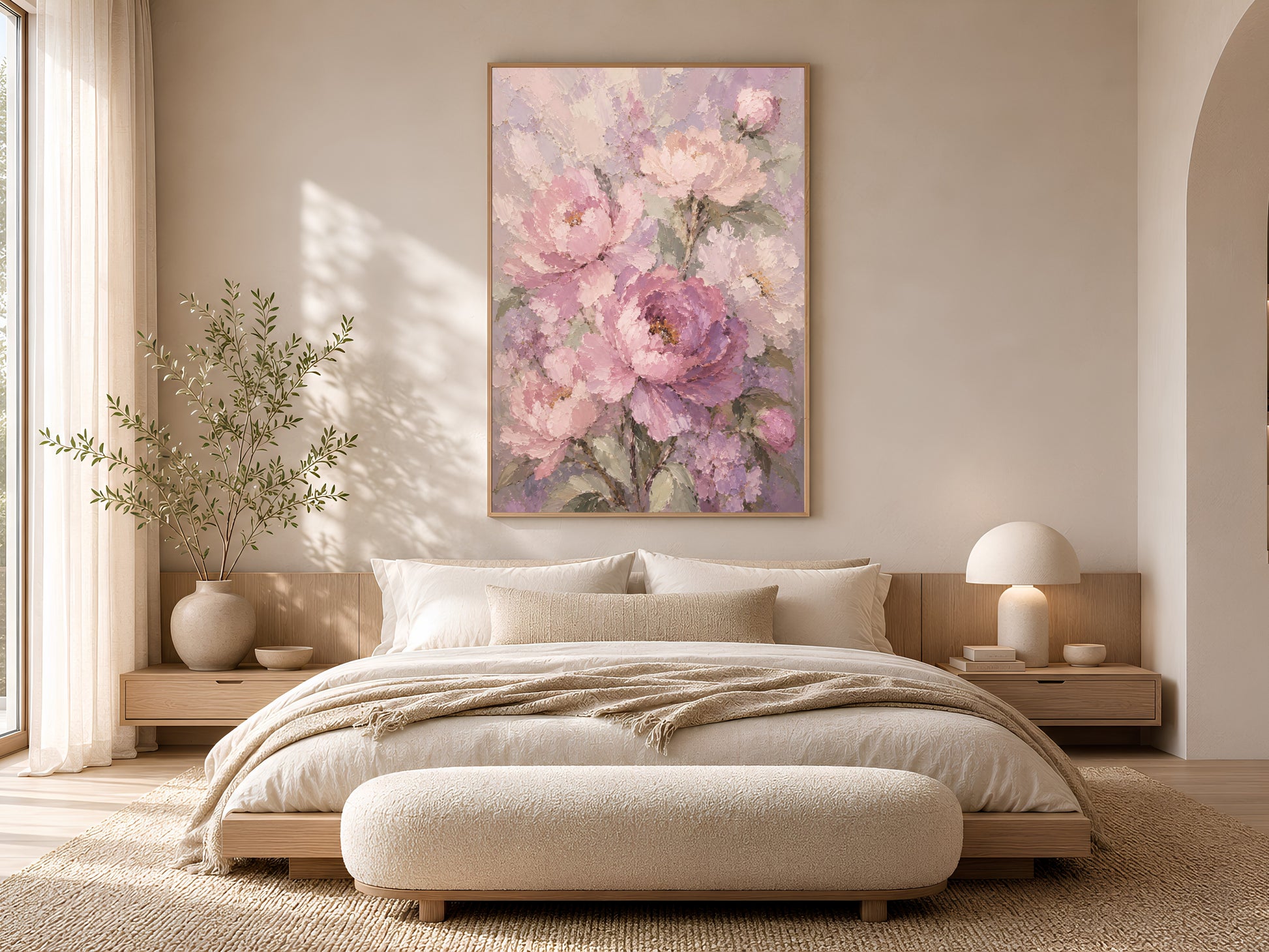 Peony wall art in a wood frame displayed in a serene Scandinavian bedroom with cream linen bedding, warm wood furniture, and soft ambient light
