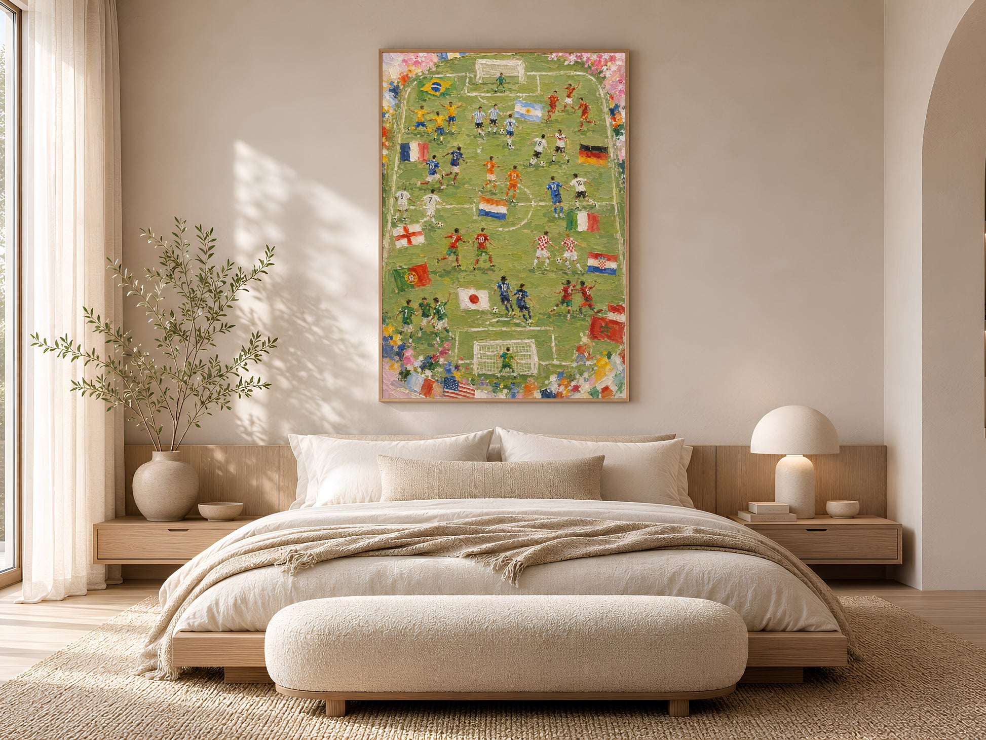 World Cup 2026 football pitch impasto print in a wood frame displayed in a serene Scandinavian bedroom with cream linen bedding, warm wood furniture, and soft ambient light
