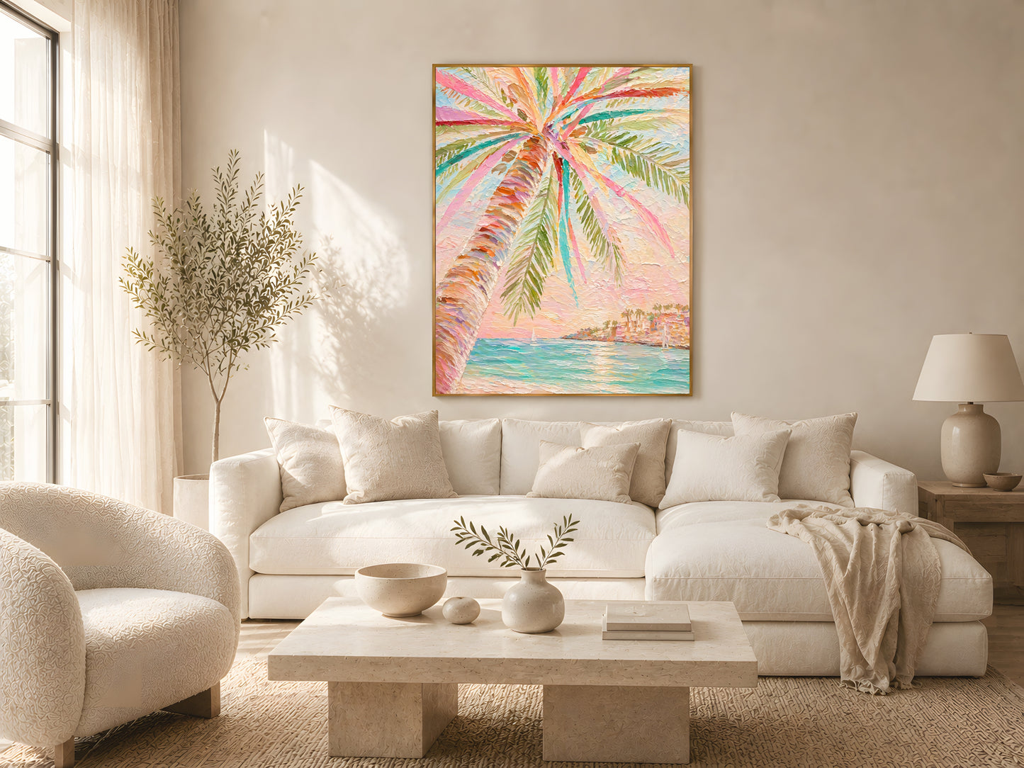 Pastel palm tree impasto print in gold frame above cream sofa in warm minimalist Japandi living room with natural wood coffee table and soft natural light
