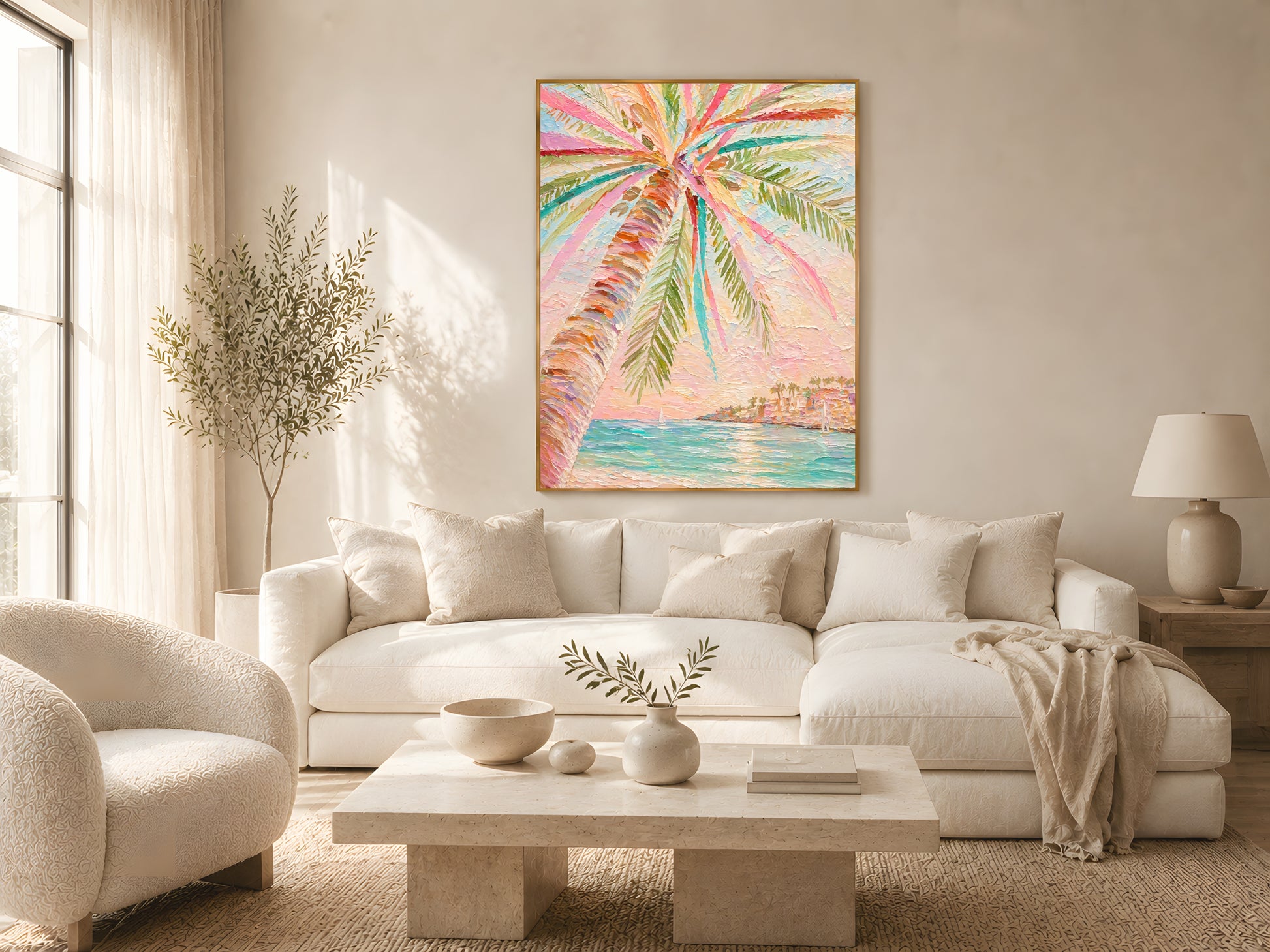 Pastel palm tree impasto print in gold frame above cream sofa in warm minimalist Japandi living room with natural wood coffee table and soft natural light
