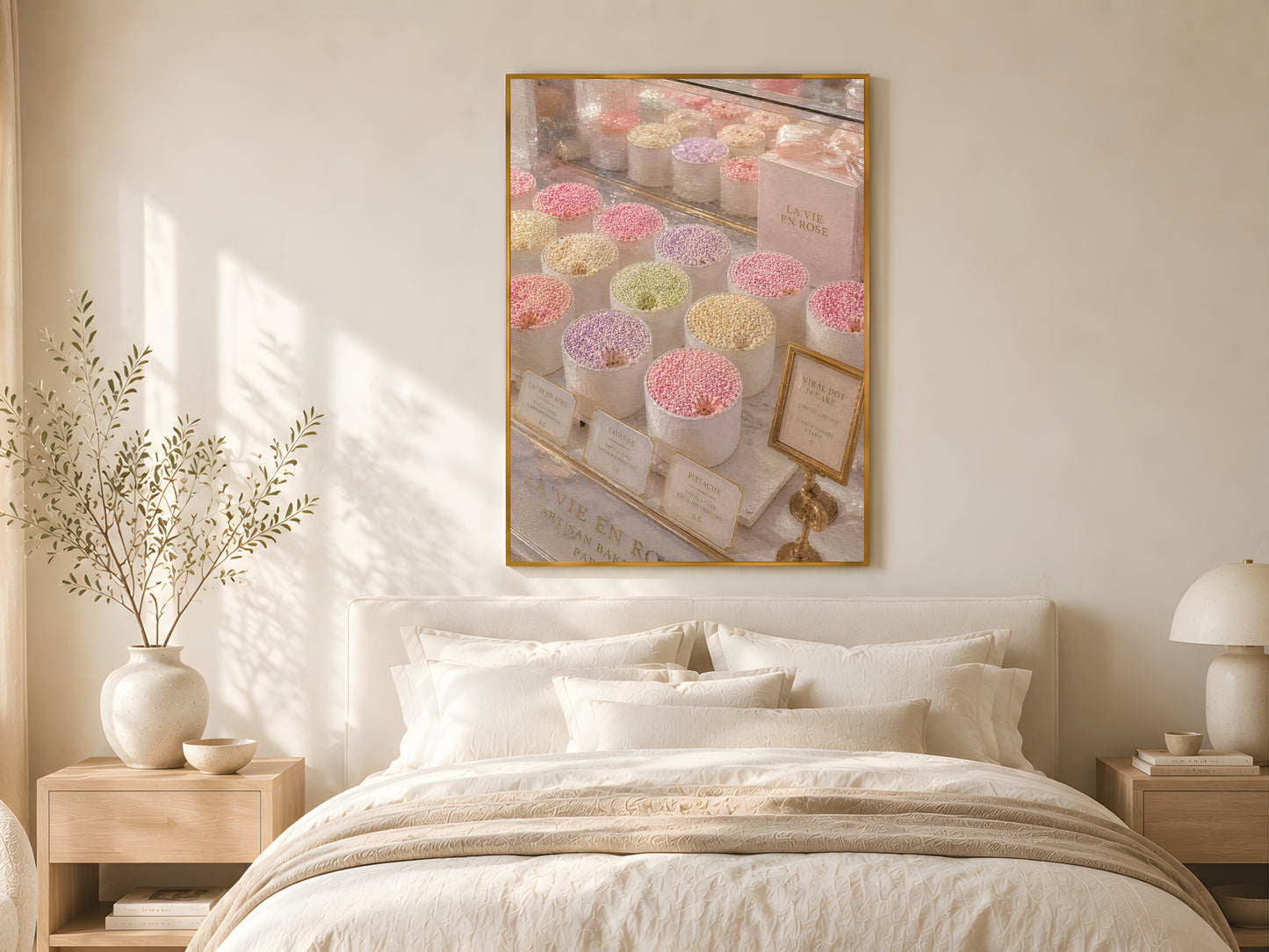 Paris bakery dot cake wall art print in a gold frame above a linen bed in a warm minimal bedroom with dried botanicals and soft morning light
