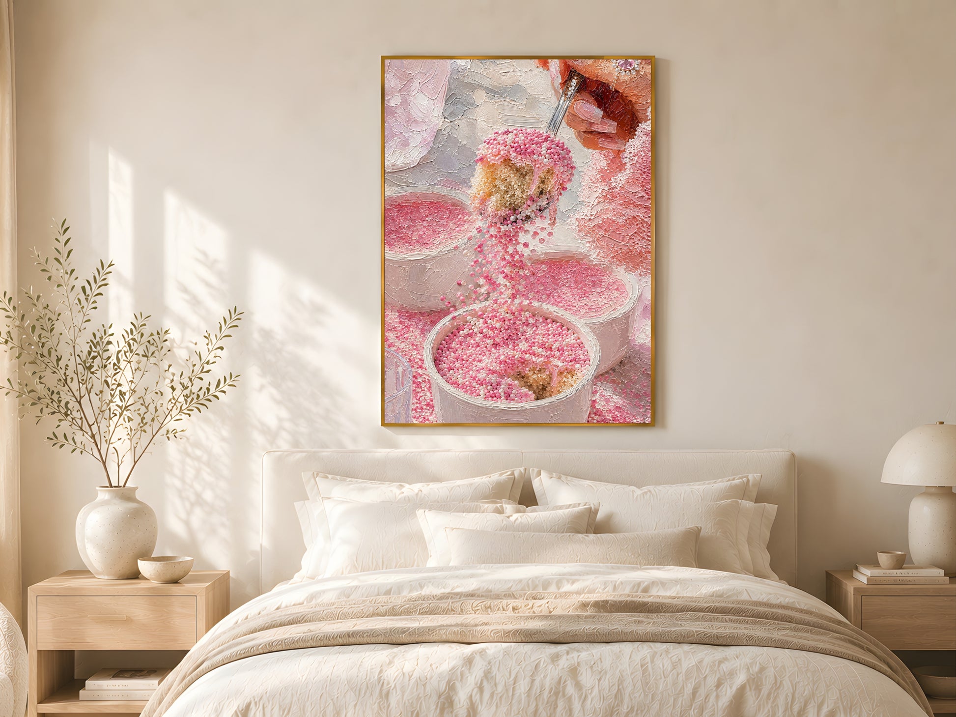 Pink dot cake impasto oil painting print in a gold frame above a linen bed in a warm minimal bedroom with dried stems and soft morning light
