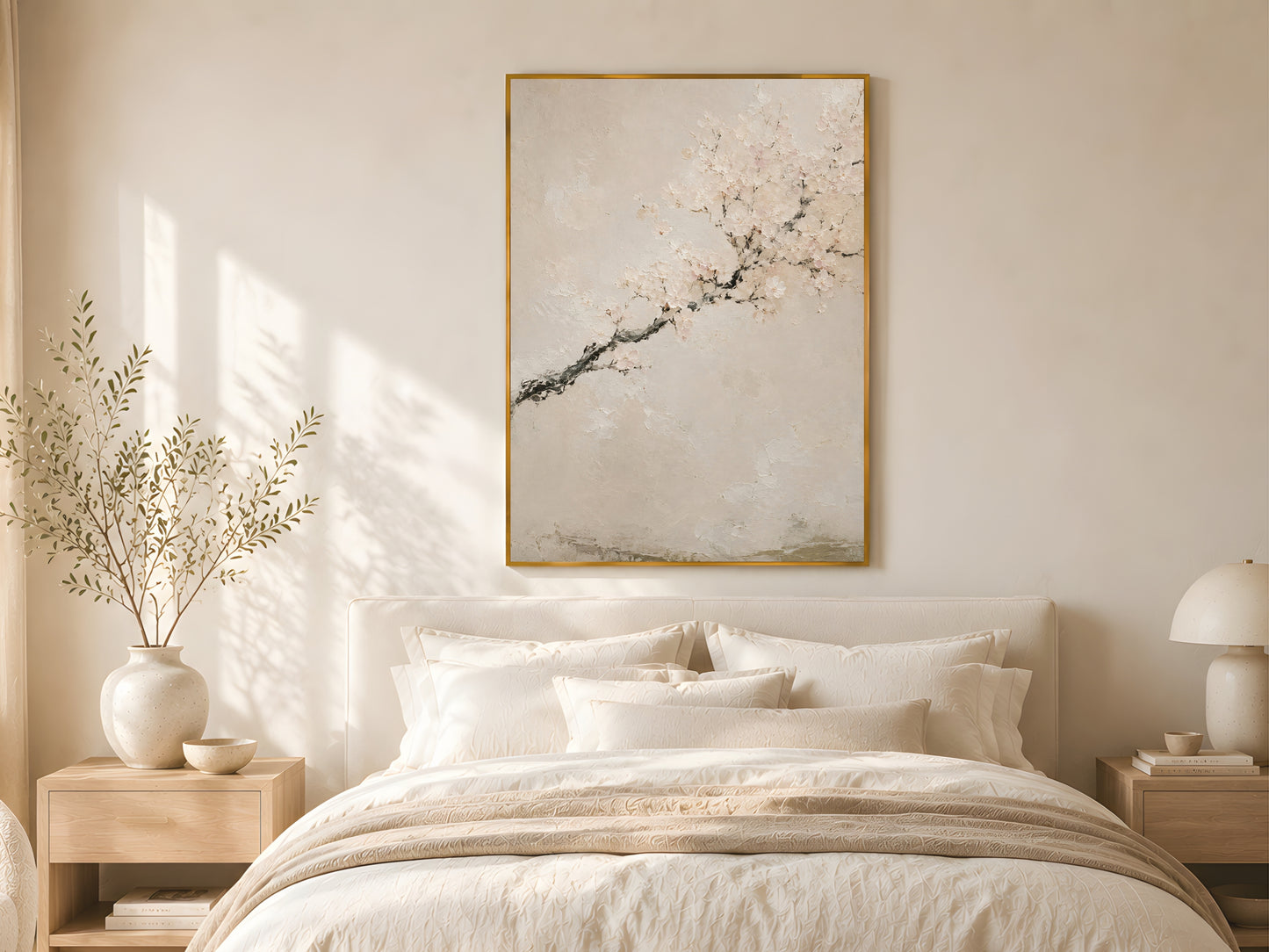 Japandi cherry blossom impasto print in a gold frame above a linen bed in a warm neutral bedroom with dried botanicals and soft morning light
