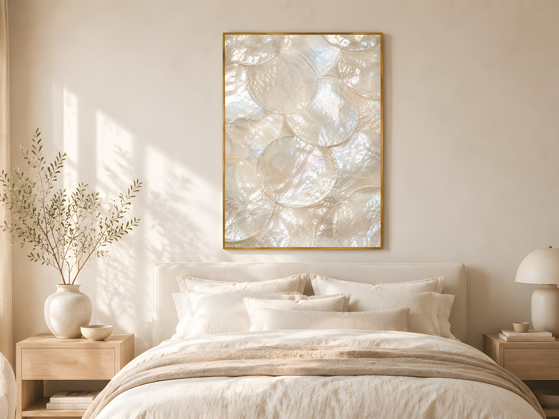 Mother of pearl shell print in gold frame above linen bed with cream bedding in warm minimalist coastal bedroom with natural wood nightstand and soft natural light
