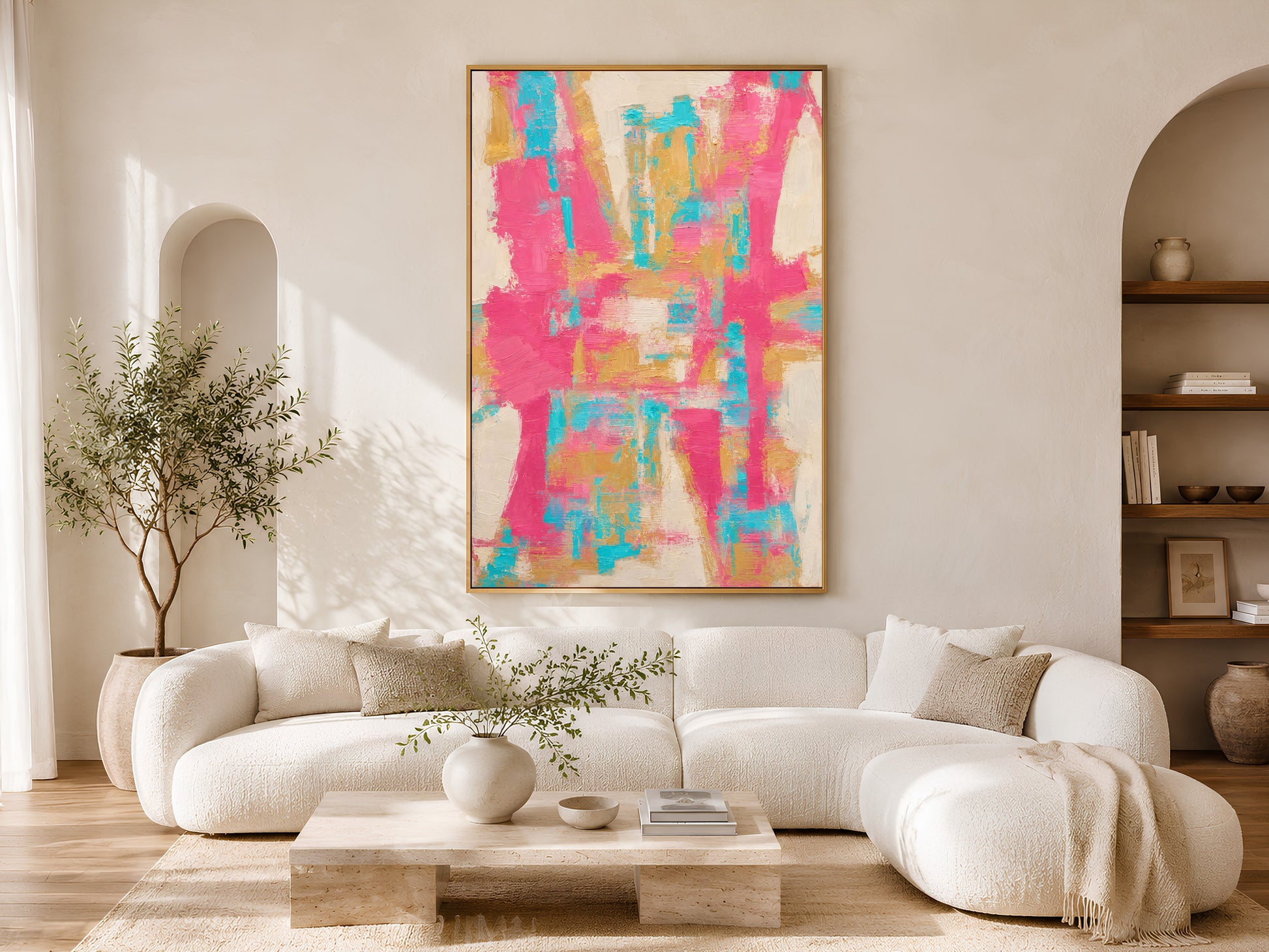 Framed bold fuchsia pink teal and gold abstract impasto print above a white sofa in a bright Scandinavian living room
