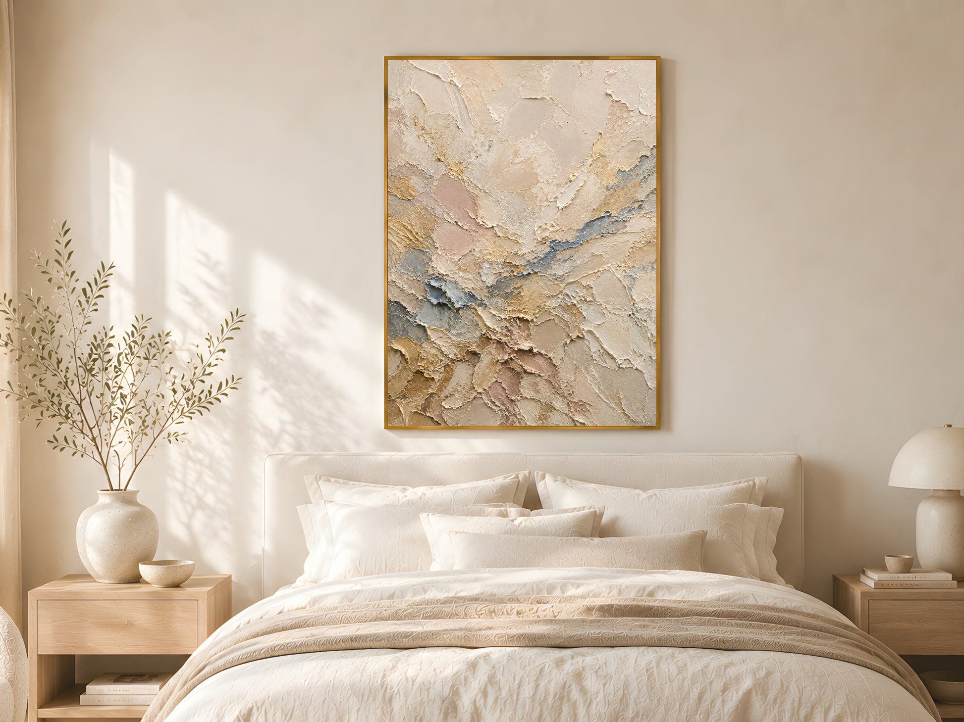Neutral abstract impasto wall art print in a gold frame above a linen bed in a warm minimal bedroom with dried botanicals and soft morning light
