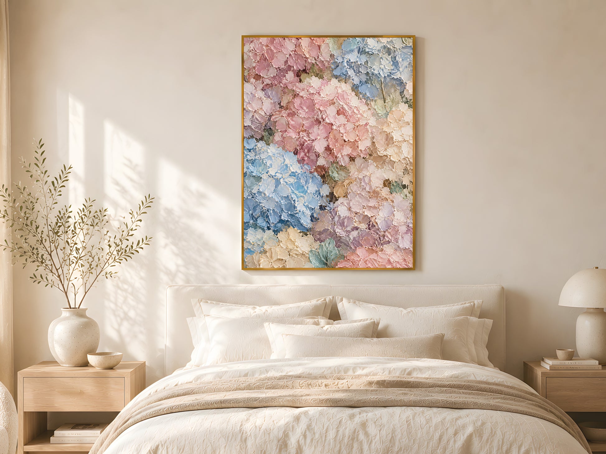 Pastel hydrangea impasto print in a gold frame above a linen bed in a bright minimal bedroom with warm afternoon light
