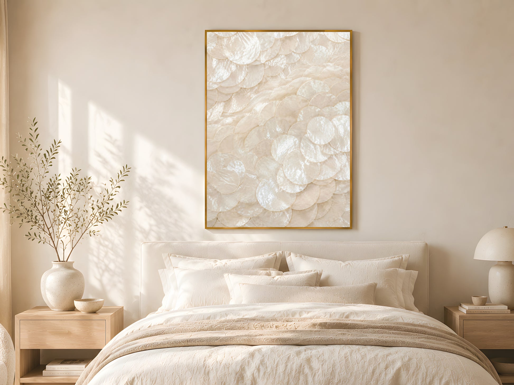 Capiz shell swirl spiral print in gold frame above linen bed with cream bedding in warm minimalist coastal bedroom with natural wood furniture and soft natural light
