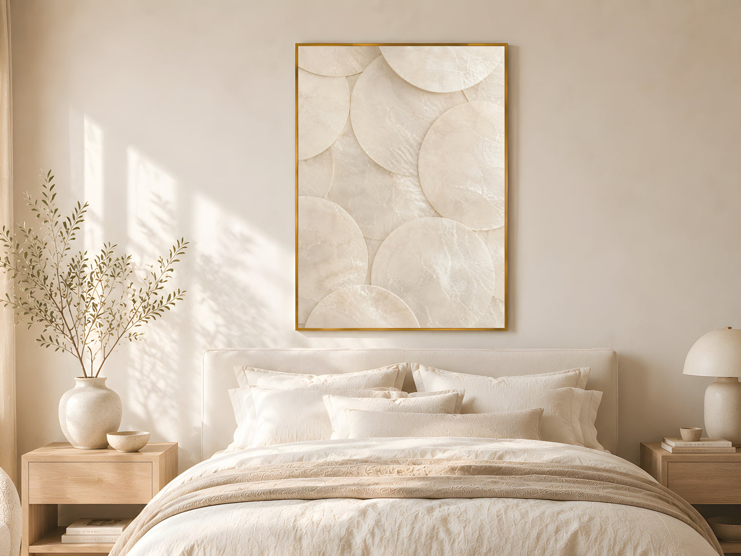 Minimalist capiz shell disc wall art in gold frame above linen bed with cream bedding in warm minimalist coastal bedroom with natural wood nightstand and soft morning light
