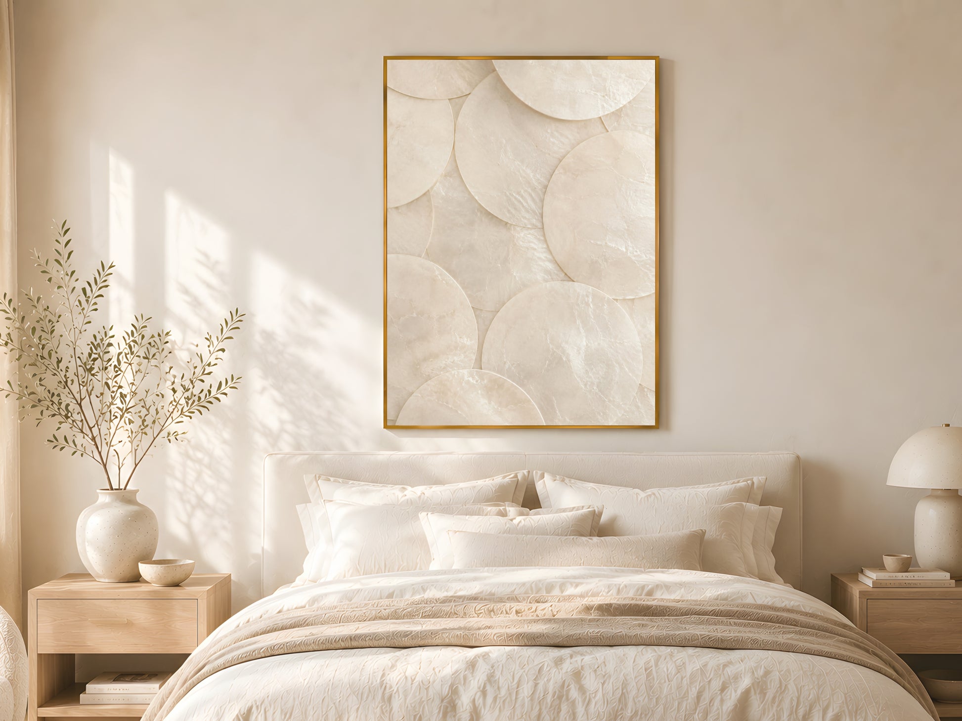 Minimalist capiz shell disc wall art in gold frame above linen bed with cream bedding in warm minimalist coastal bedroom with natural wood nightstand and soft morning light
