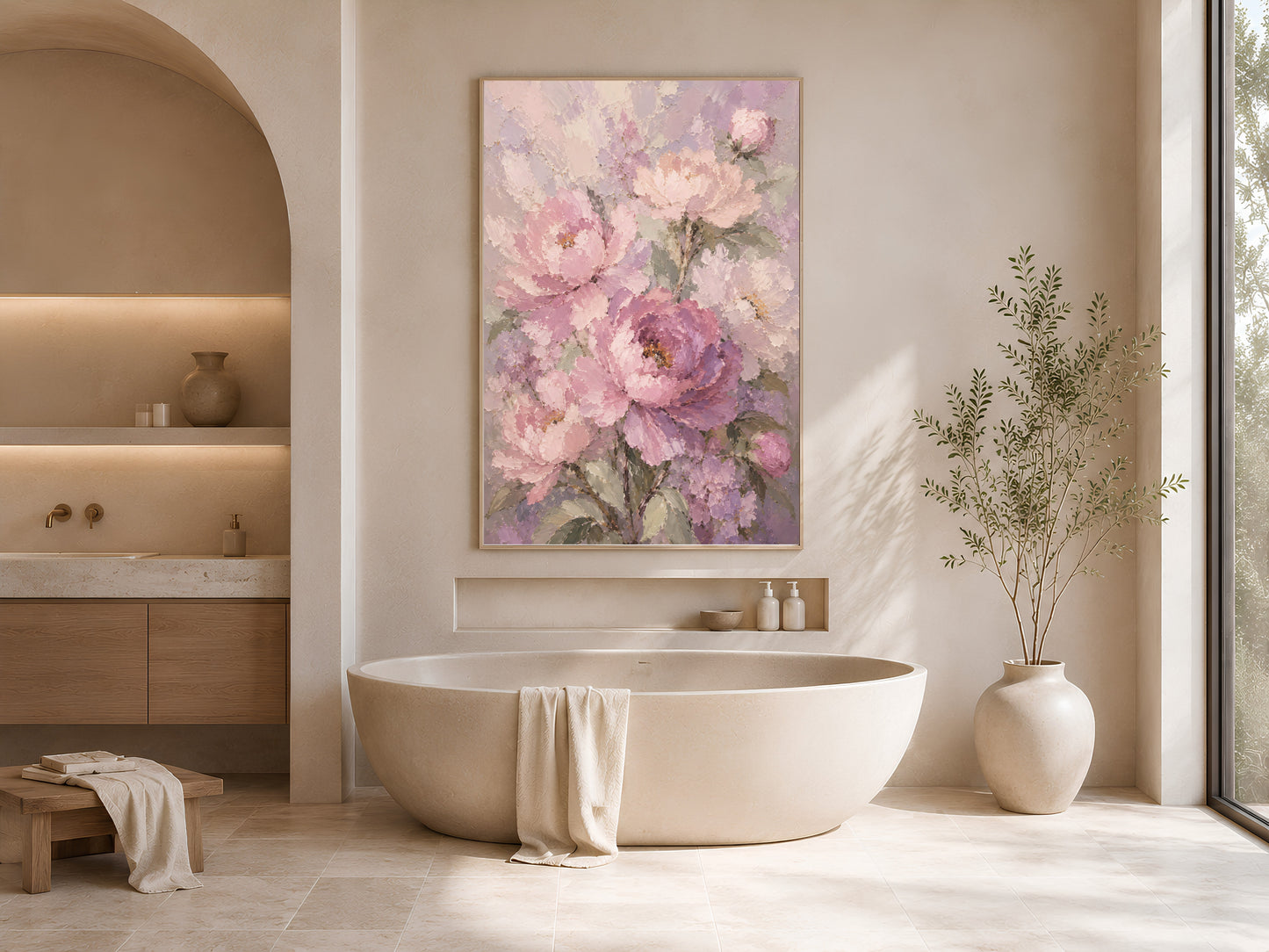 Blush peony impasto print in a wood frame displayed in a serene minimalist bathroom with arched alcoves, a freestanding bathtub, and warm neutral tones