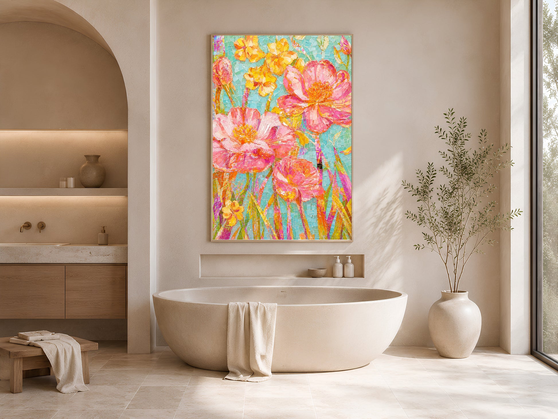 Vibrant mosaic floral wall art in a wood frame displayed in a serene minimalist bathroom with arched alcoves, a freestanding bathtub, and warm neutral tones