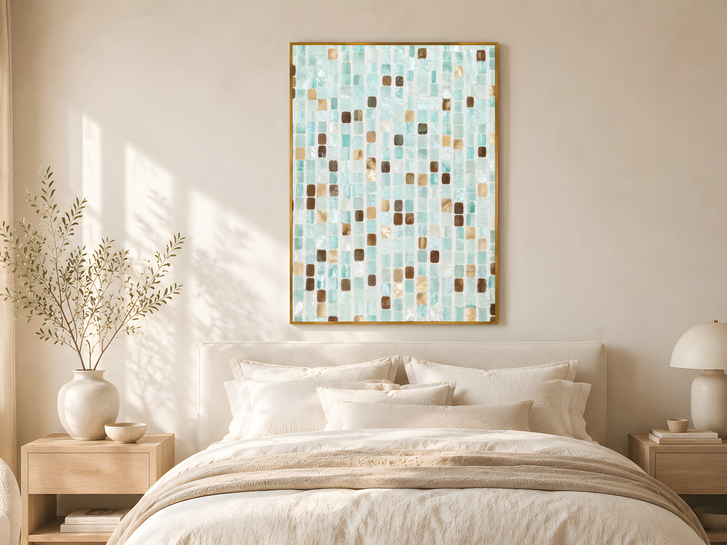 Teal mosaic coastal tile wall art in gold frame above linen bed with cream bedding in warm minimalist coastal bedroom with natural wood furniture

