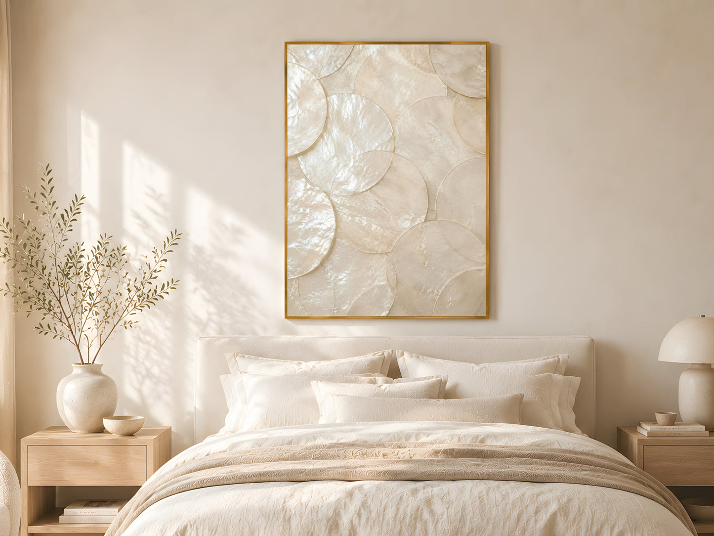 Large capiz shell abstract print in gold frame above linen bed with cream bedding in warm minimalist coastal bedroom with natural wood furniture
