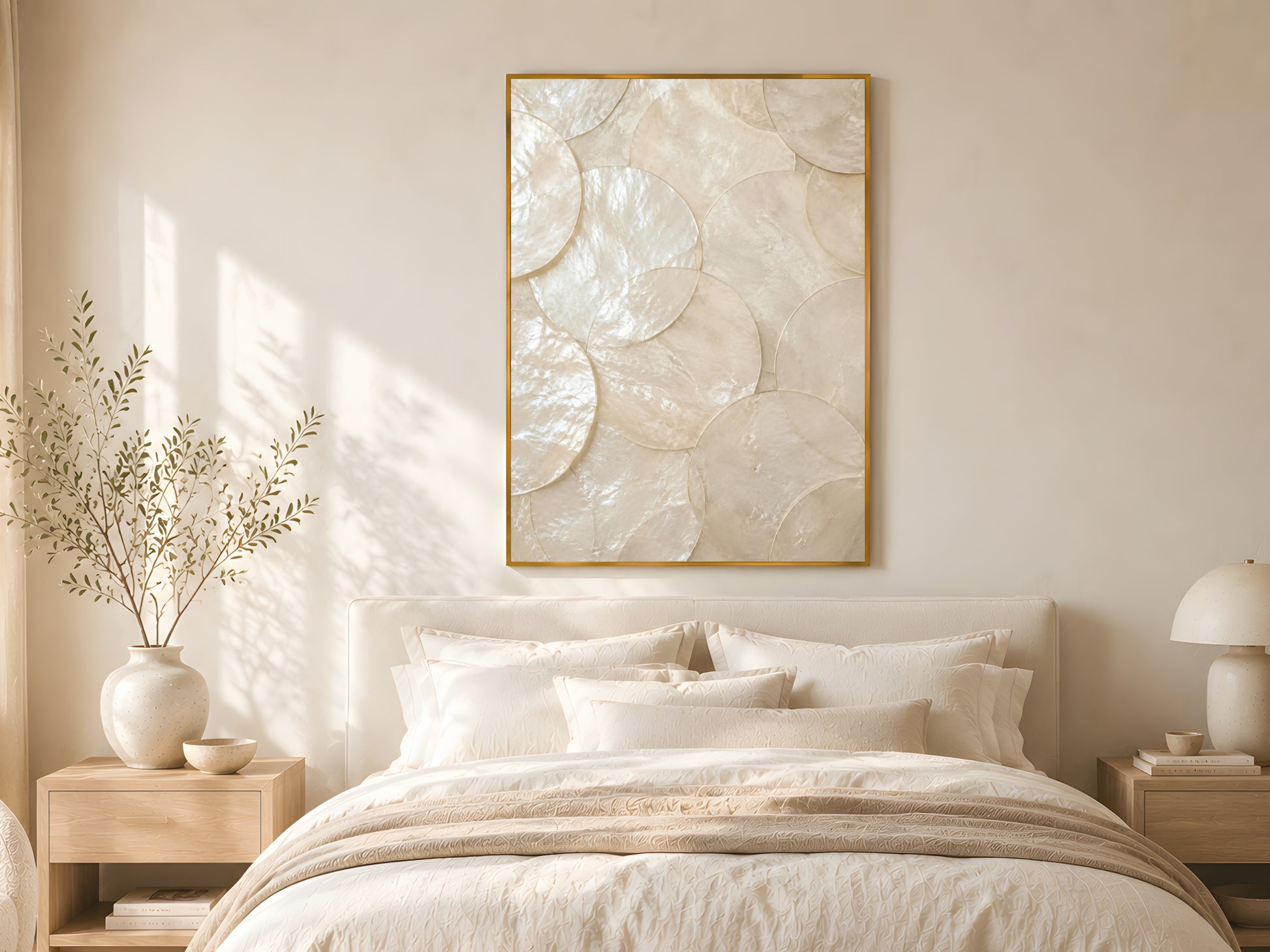 Large capiz shell abstract print in gold frame above linen bed with cream bedding in warm minimalist coastal bedroom with natural wood furniture
