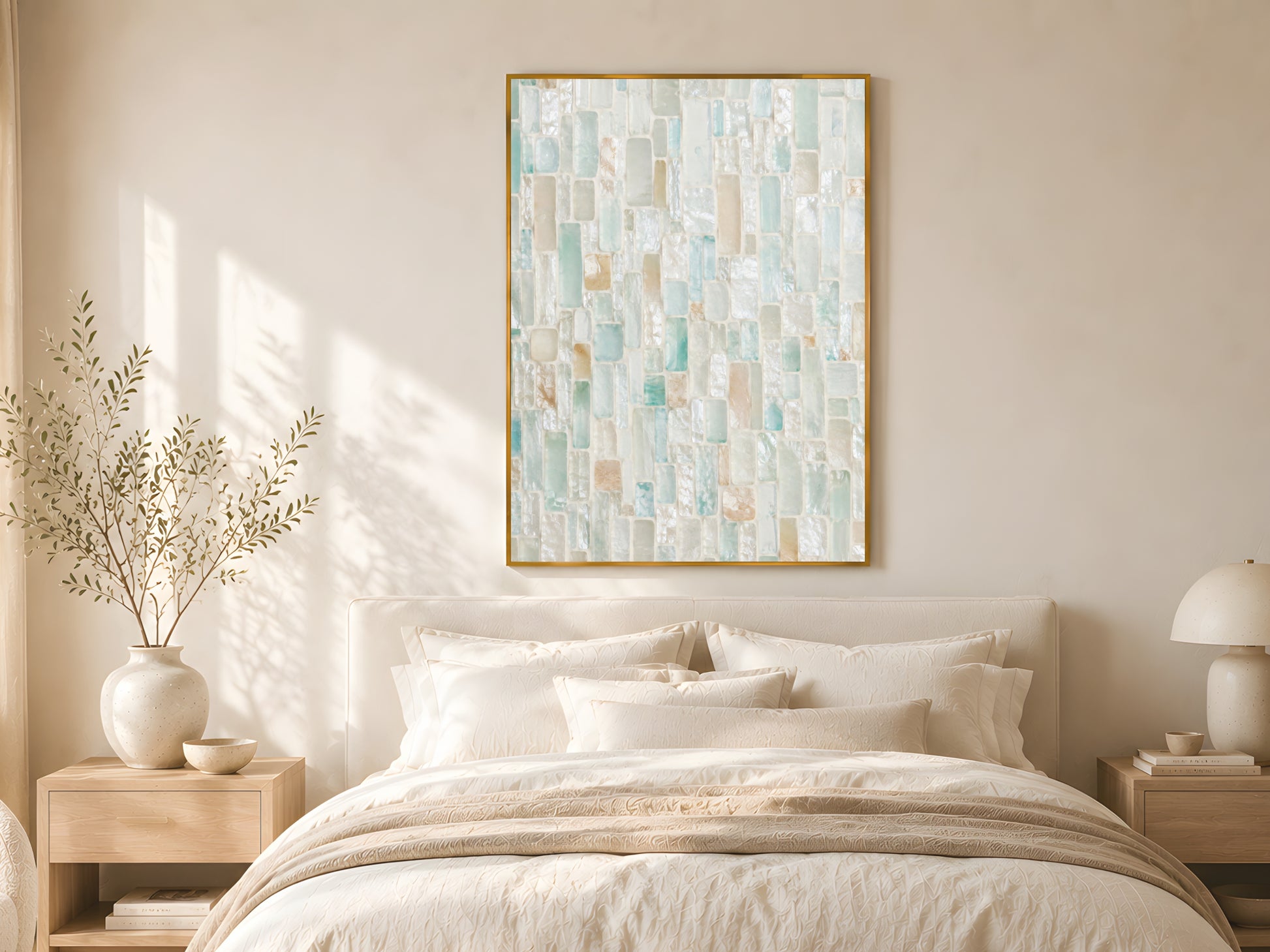 Sea glass mosaic abstract wall art in gold frame above linen bed with cream bedding in warm minimalist coastal bedroom with natural wood furniture and soft morning light
